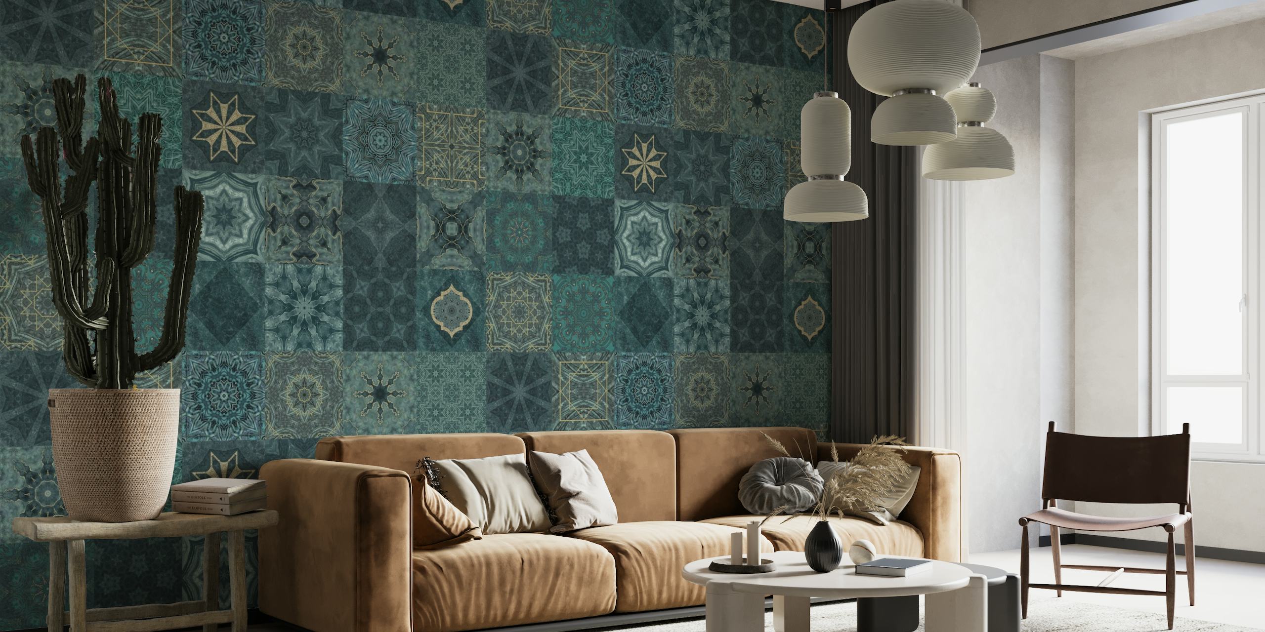 Oriental Mediterranean Tiles Wall Mural featuring turquoise and gold patterns