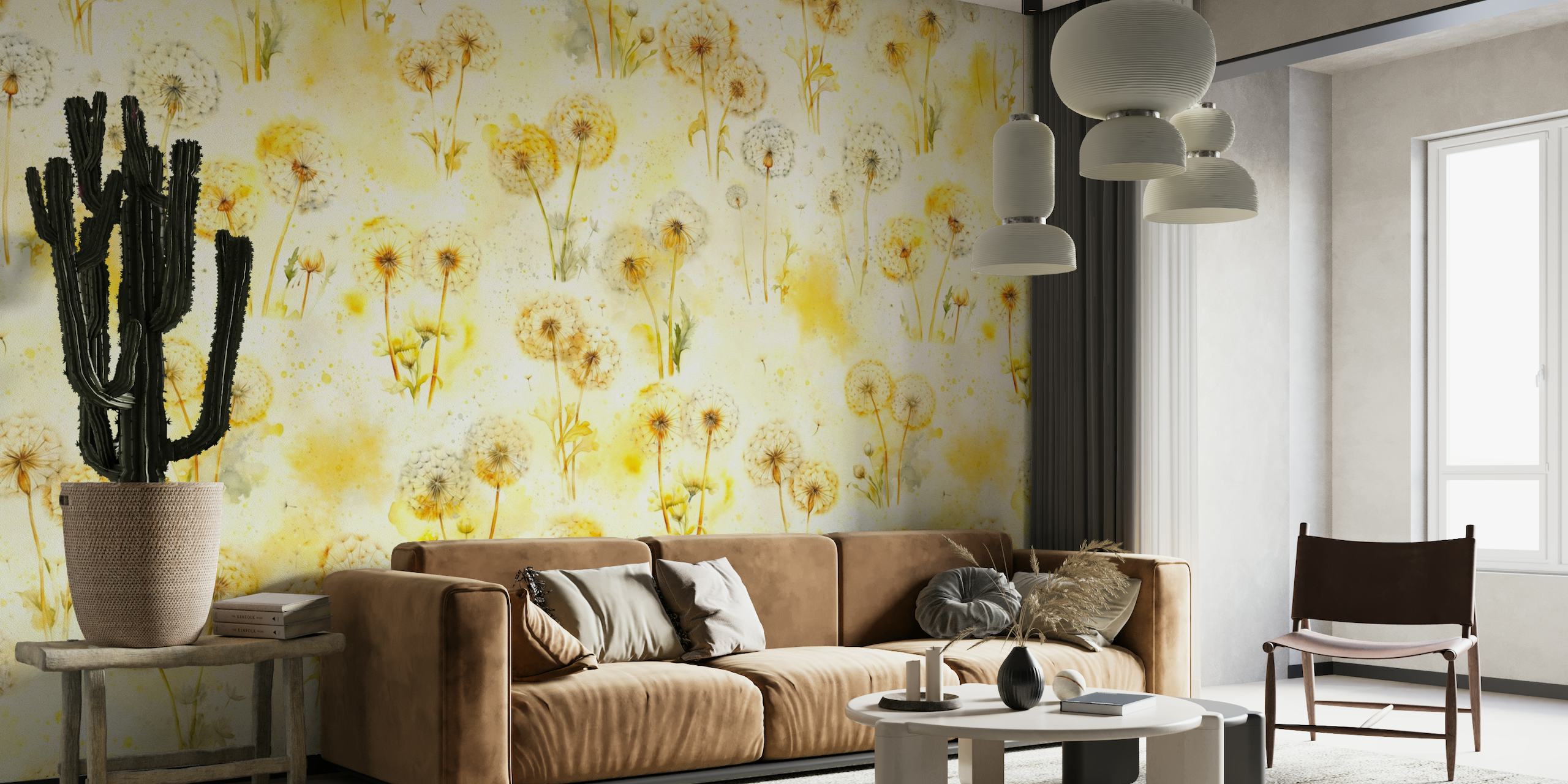 Voikukka-seinämaalaus keltaisilla ja beigen sävyillä osoitteessa happywall.com