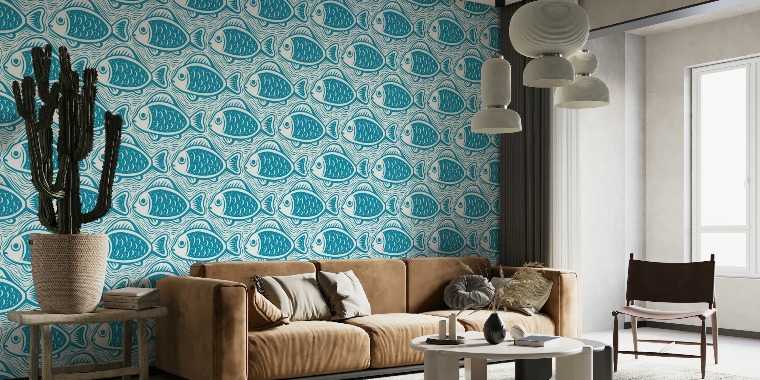 Block print fishes pattern, blue / 3052 A tapetit