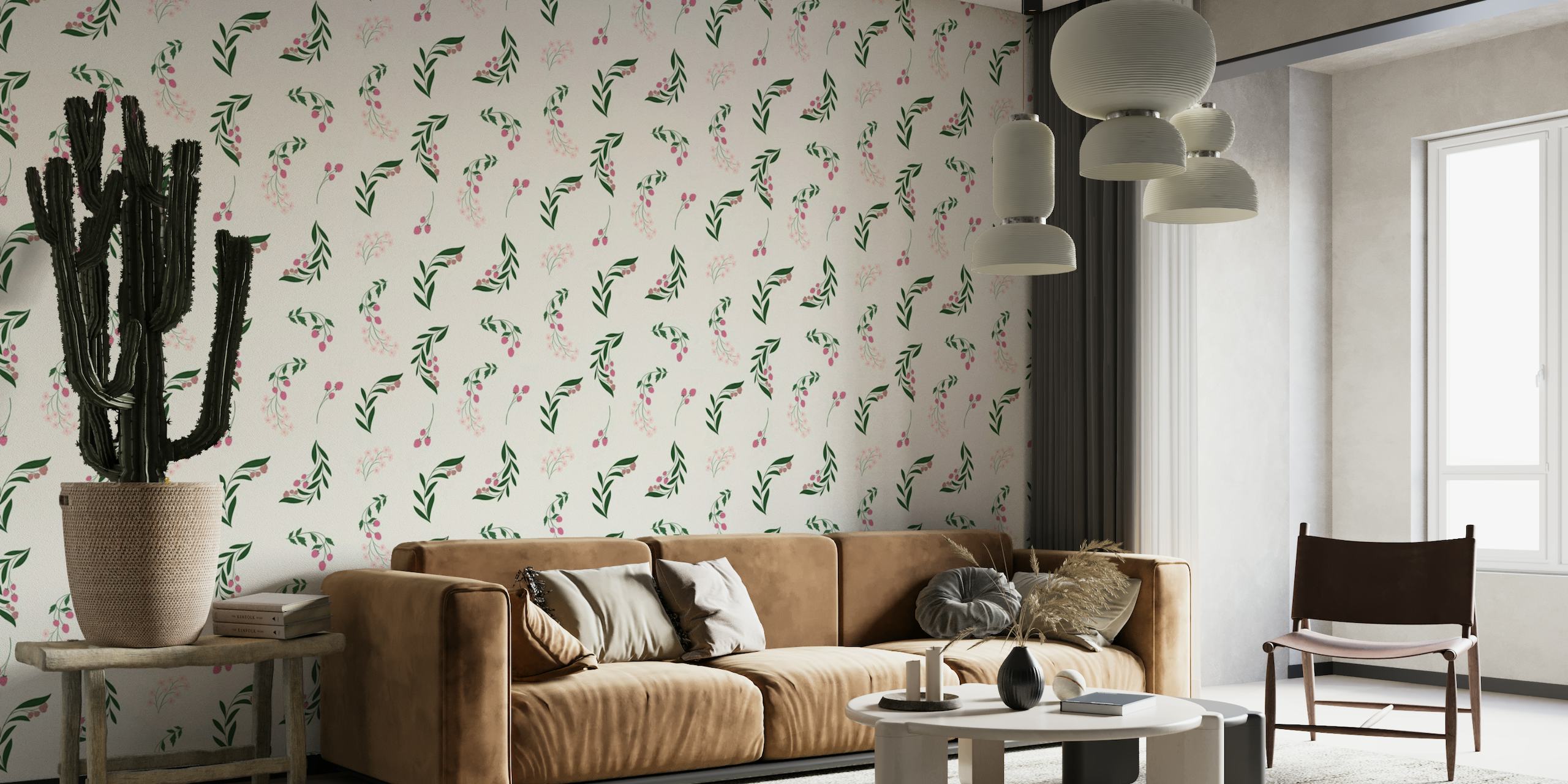 Pink strawberry and delicate botanicals wallpaper
