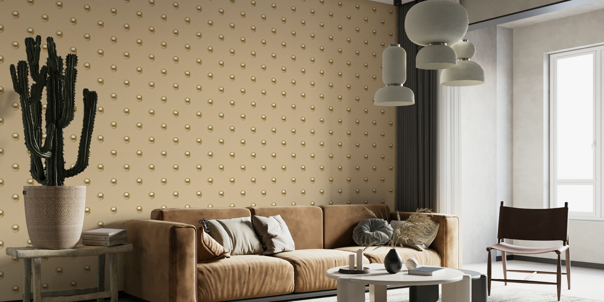 Pearl Polka Dots 4 fotobehang met glanzende stippen op een neutrale achtergrond, geschikt voor een elegant interieur