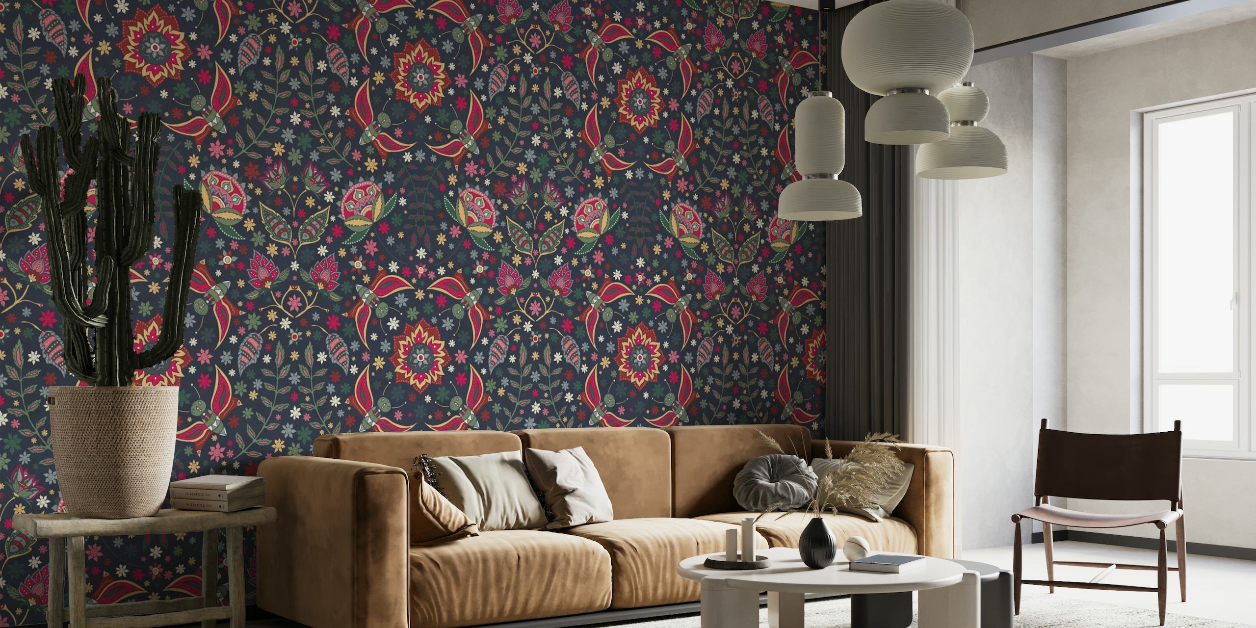 Colorful moth and floral pattern wall mural named 'The Moth Garden'