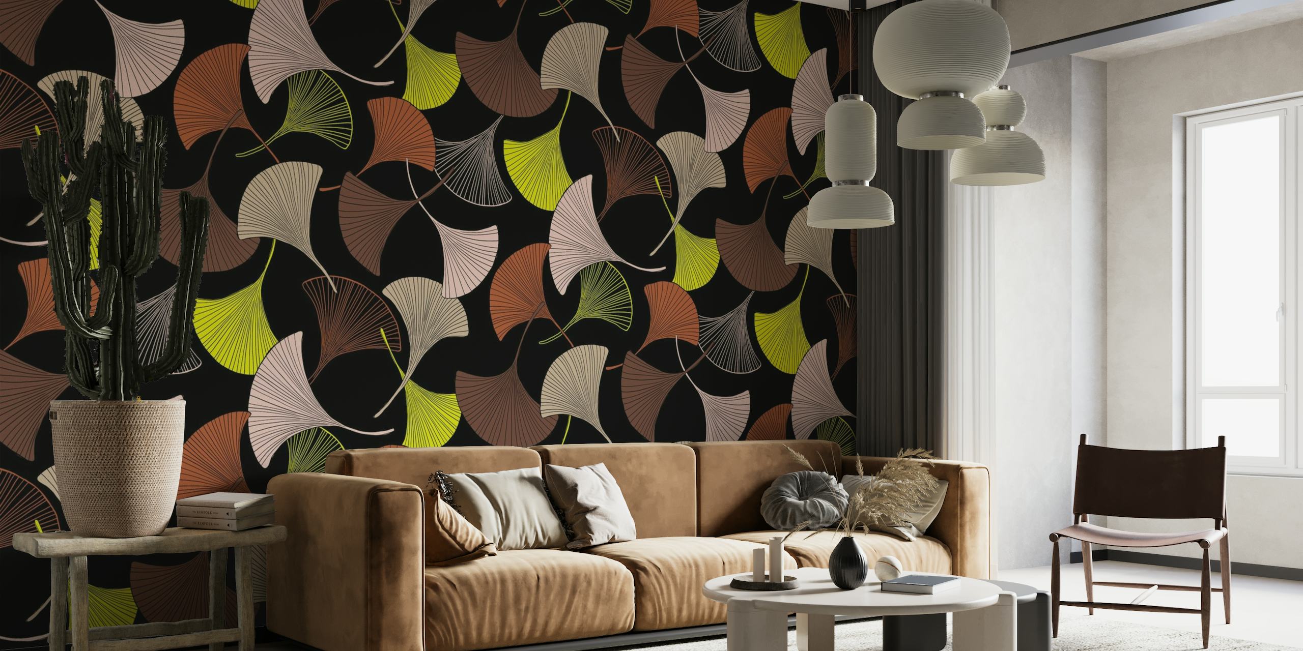 Bold hand-drawn ginkgo leaves in various colors on black background wall mural.
