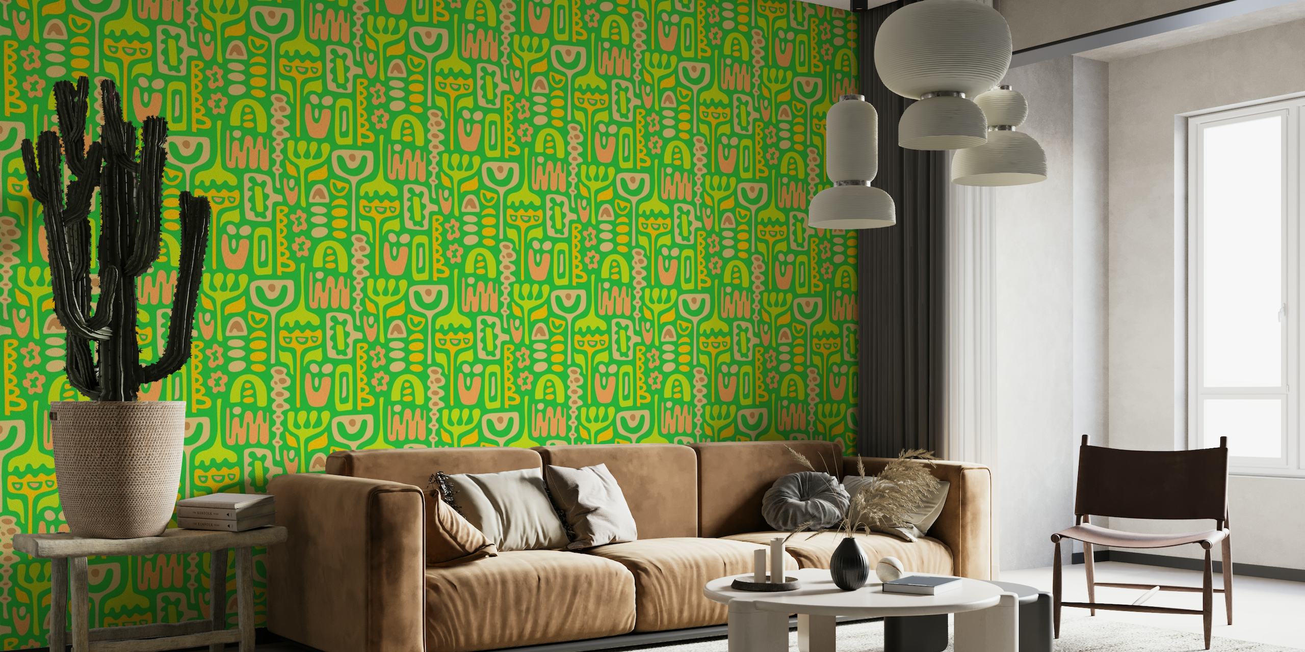 Abstract retro bloemmotief in kelly groen voor muurschildering