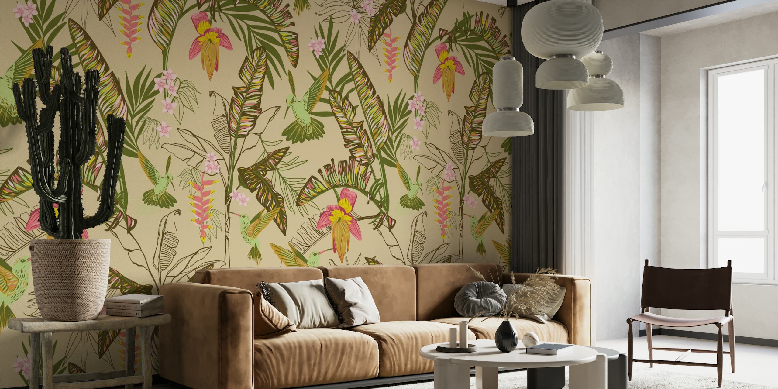 Banana leaves and hummingbirds warm beige papel de parede