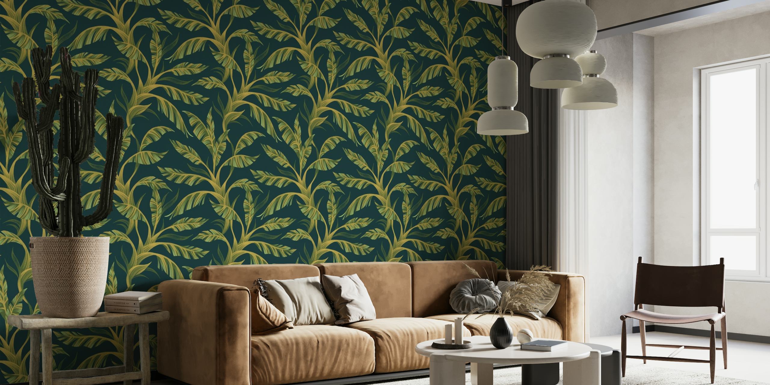 Dark green tropical leaves wall mural for home decoration.
