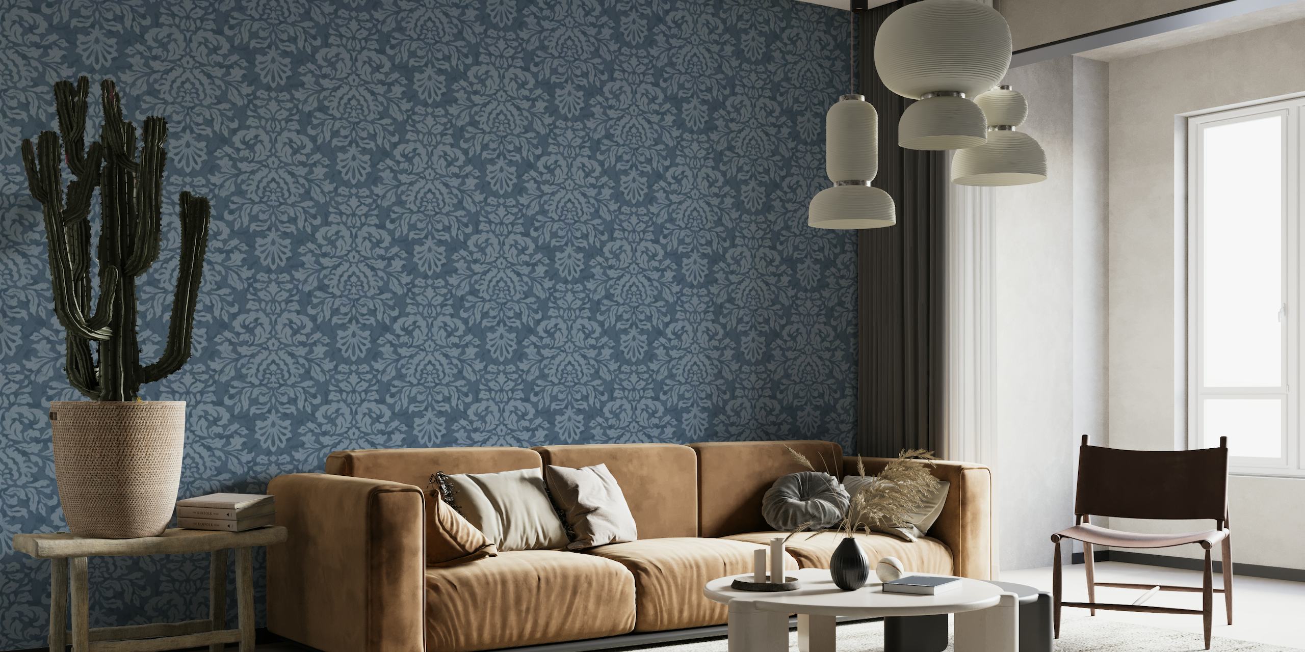 Fotomural vinílico de parede clássico com padrão damasco azul para adicionar elegância ao seu espaço