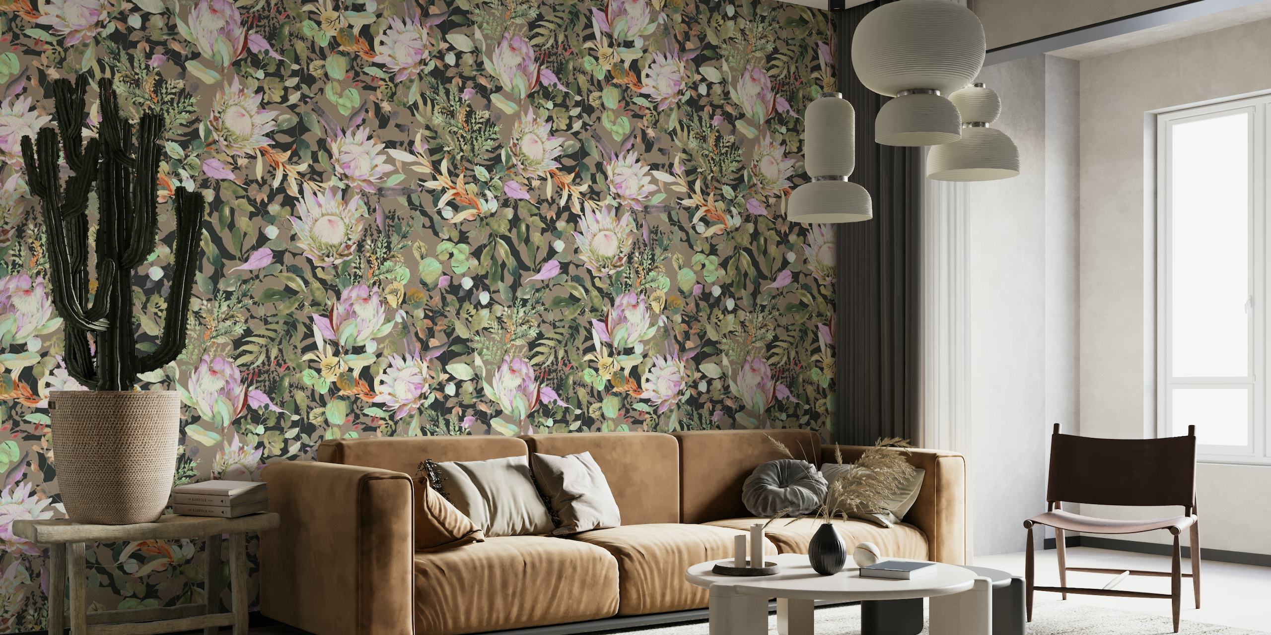 fotomural vinílico de parede com padrão floral protea estilo boêmio
