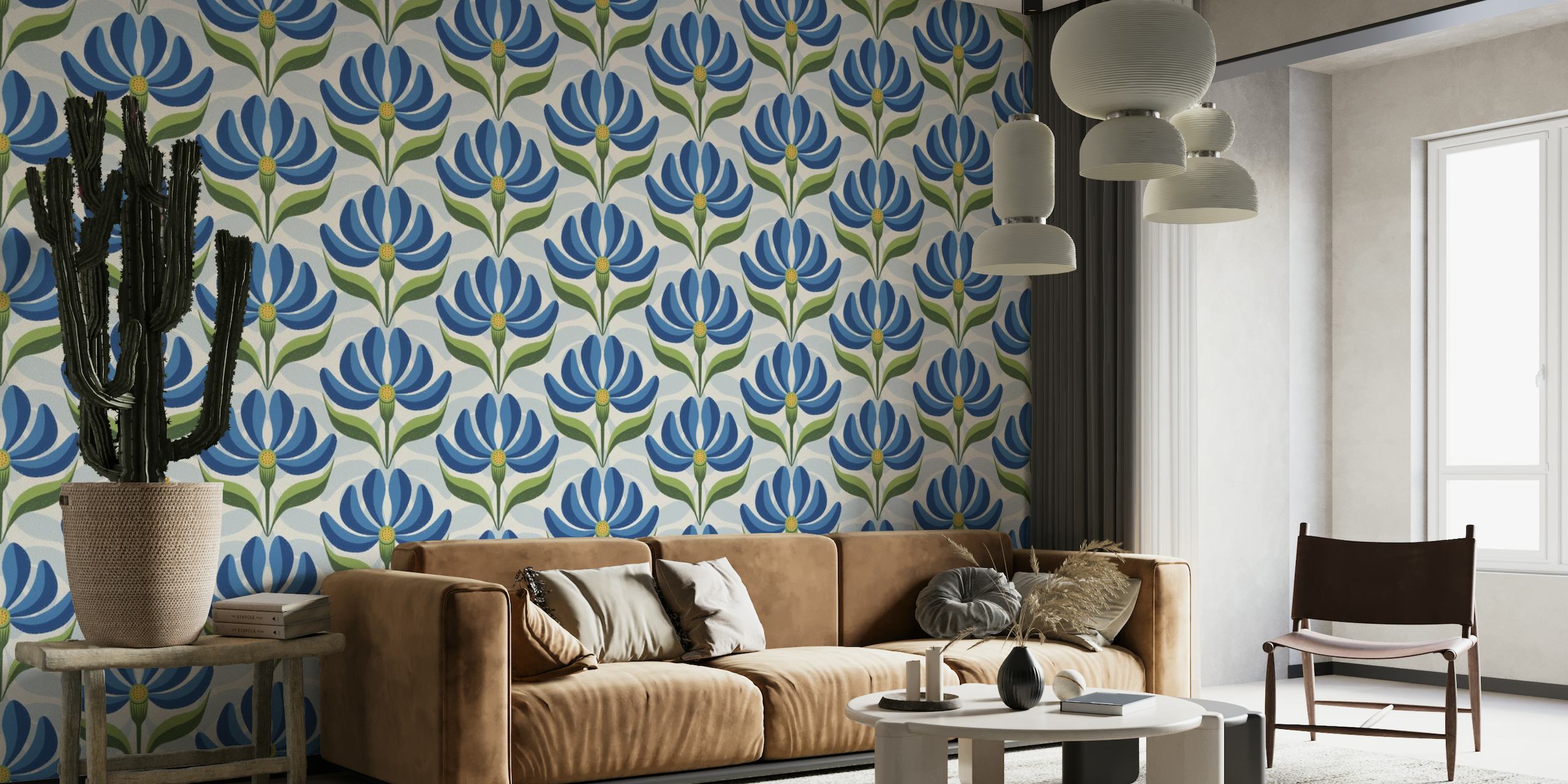 Vintageinspirerat geometriskt blommönster i kungsblått, grönt och elfenben för väggmålning