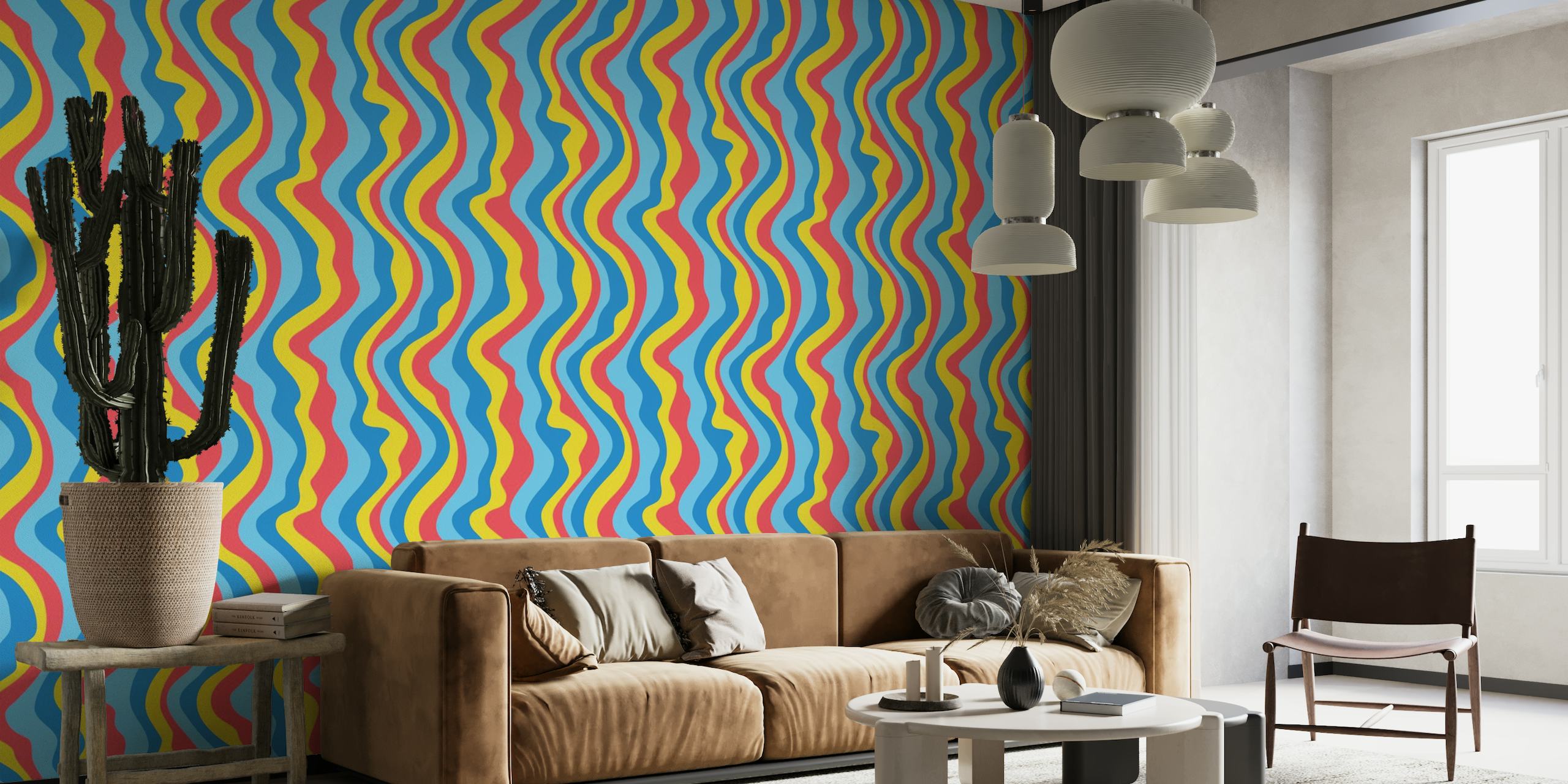 Šareni dizajn zidnih slika 'GOOD VIBRATIONS Mod Wavy Stripes Blue Yellow' s valovitim linijama nadahnutim retro stilom.
