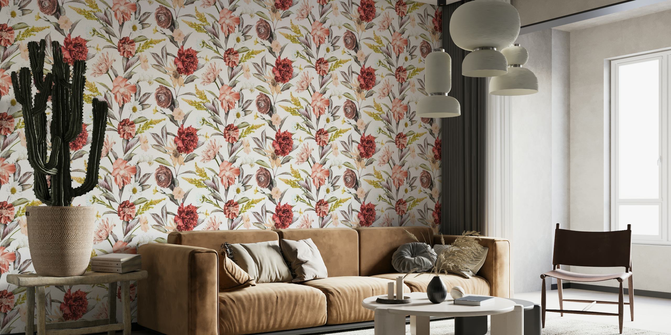 Elegantna zidna slika s cvjetnim tapiserijama u baroknom stilu s bujnim cvijećem i lišćem.