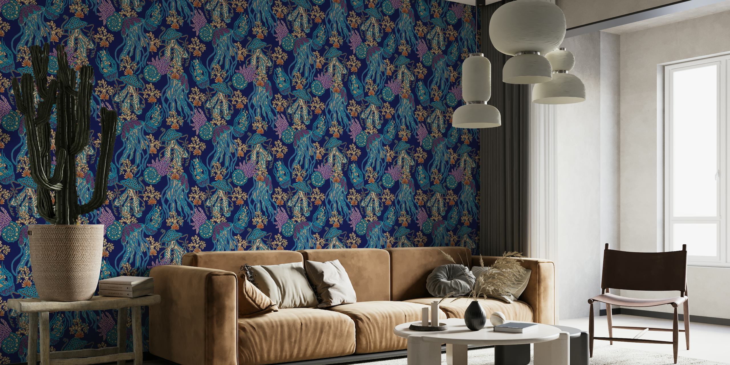 Jellyfish modern indigo wallpaper