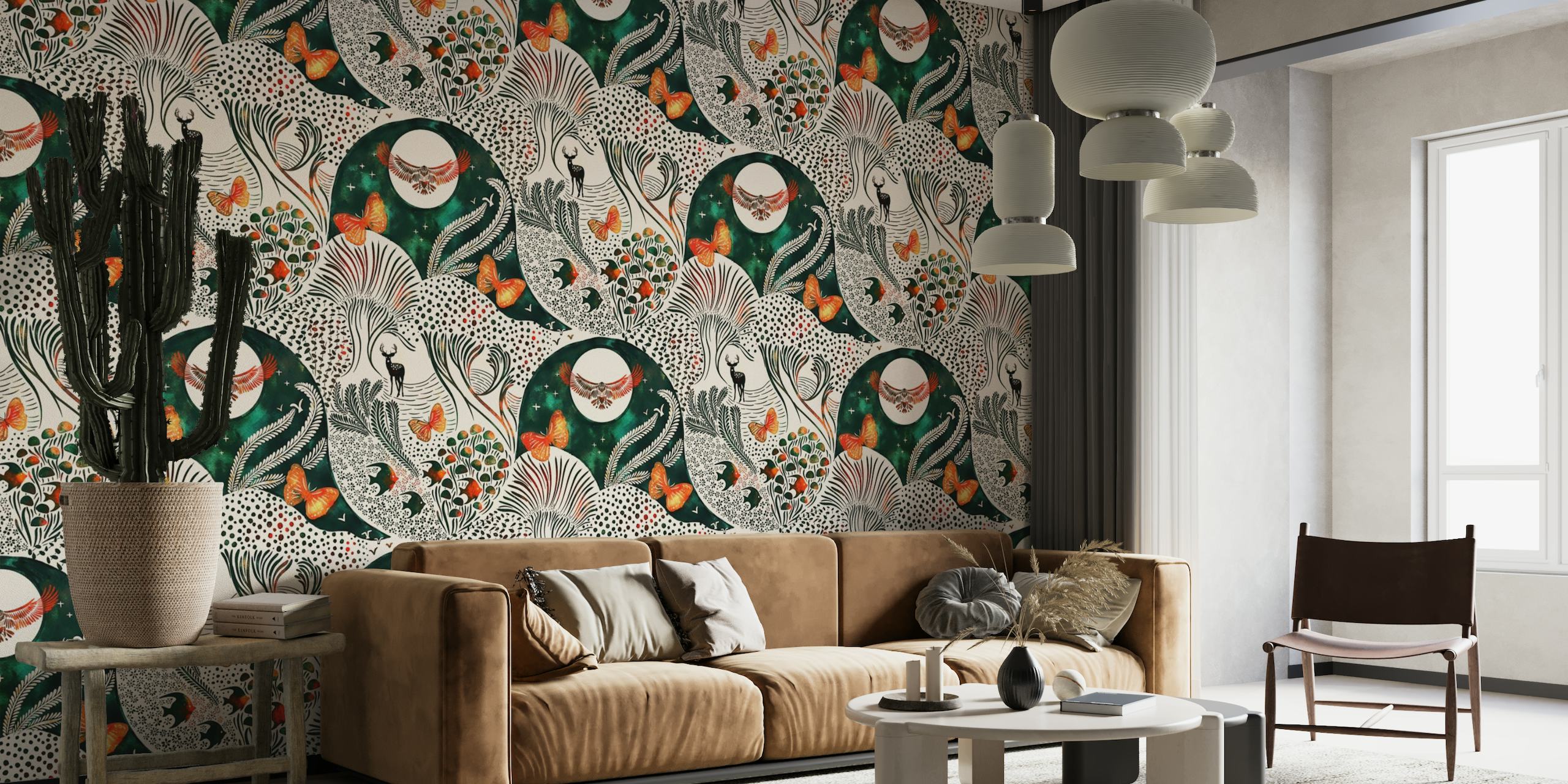 Von der Fantasie inspiriertes Wandbild mit stilisierten Bäumen und Tieren in einem faszinierenden Muster