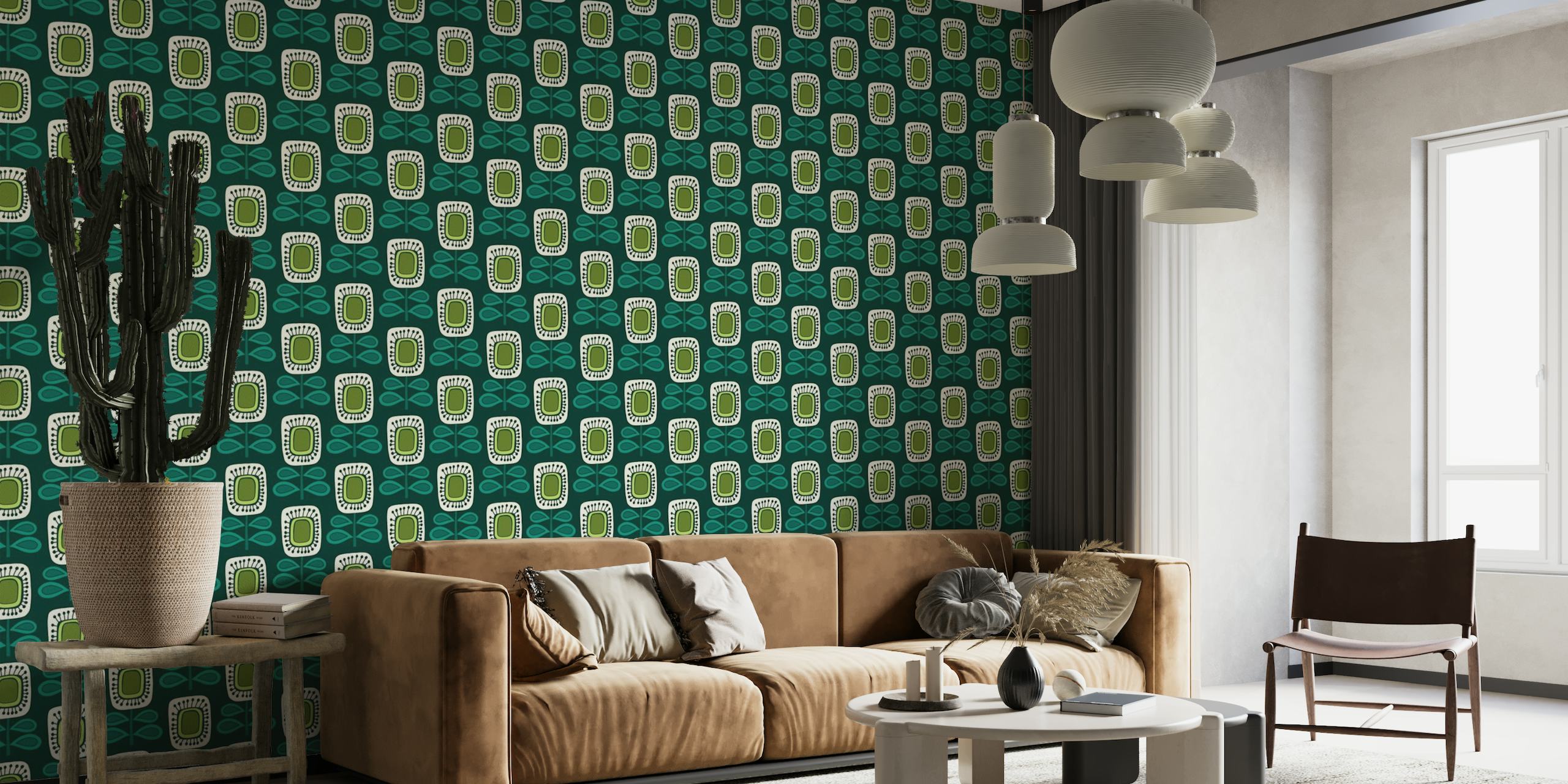 Stylized botanical shapes mural in dark green hues, reminiscent of a forest retreat