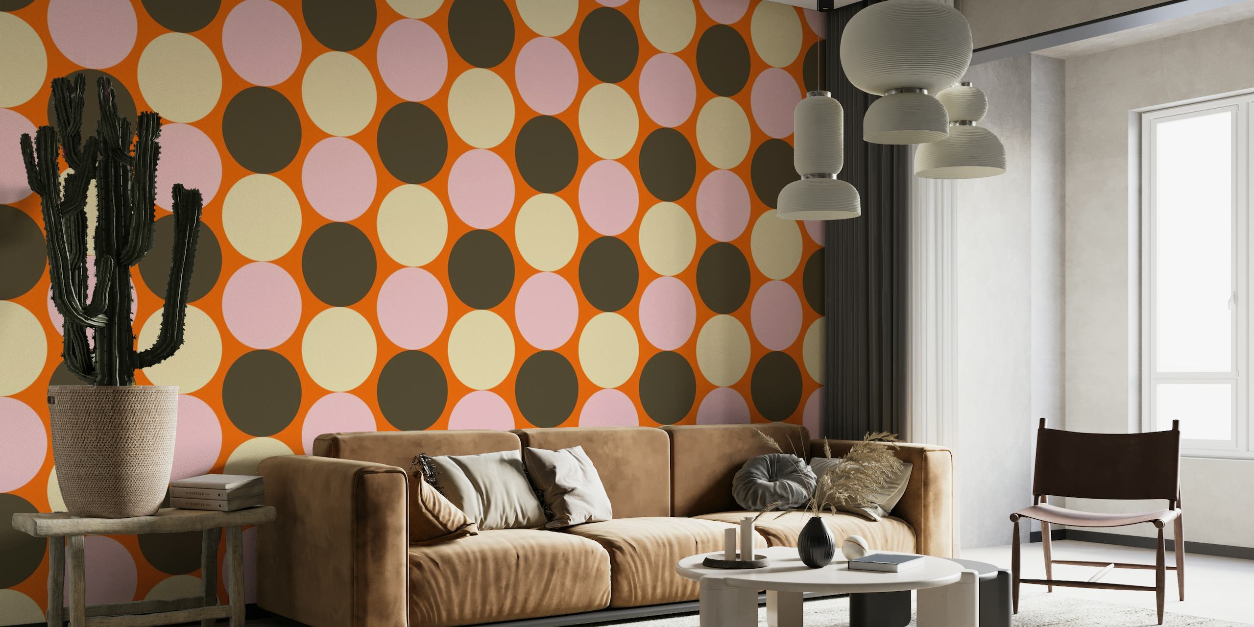 Mid-century style wall mural with orange, pink, and brown circles on a cream background
