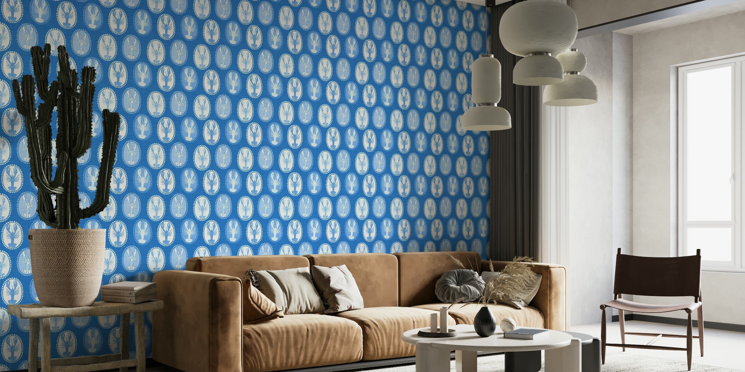 Blue wall mural with repeating indigo lobster pattern and textured background