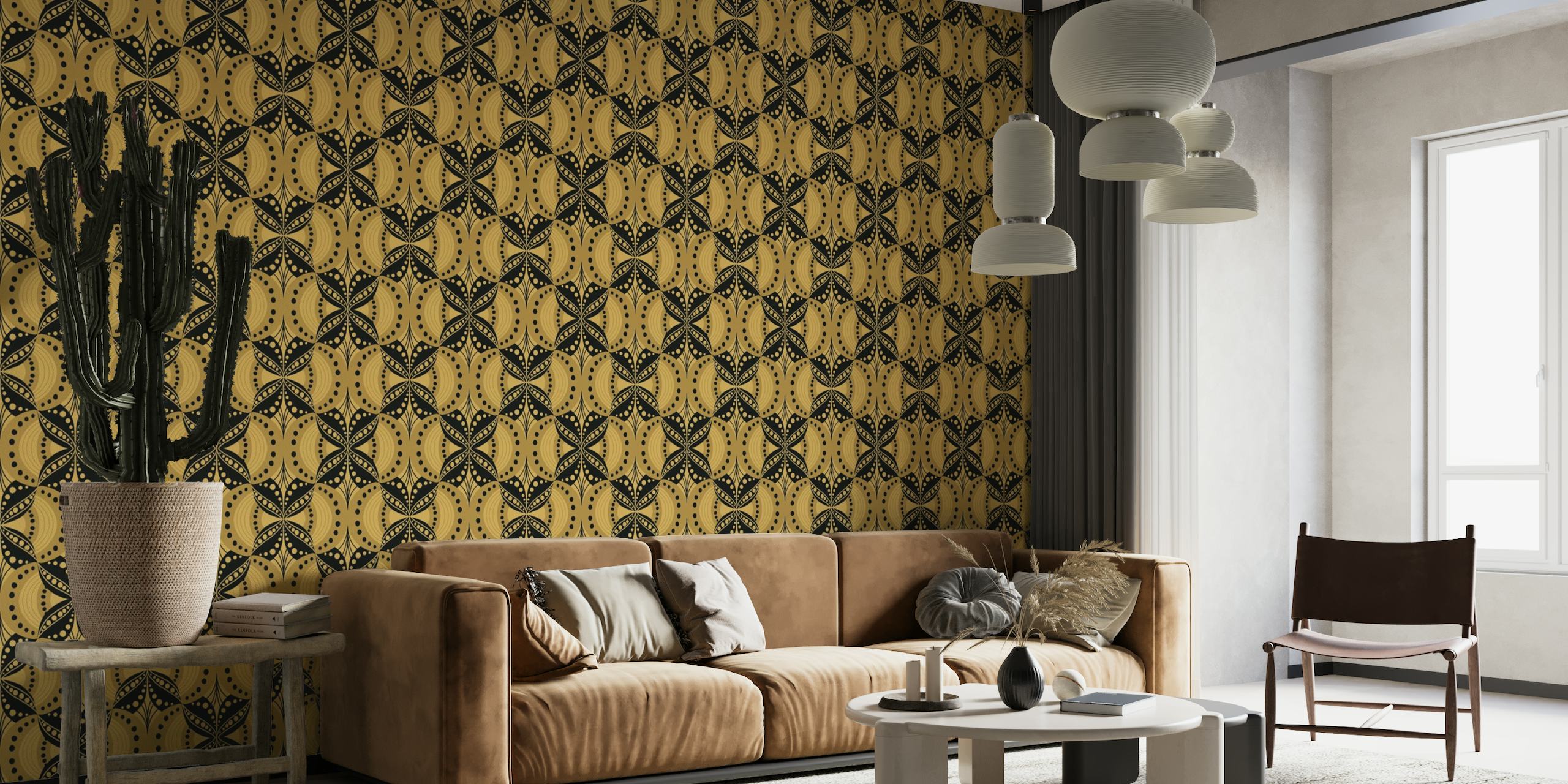 Art nouveau geometric play in gold and black wallpaper