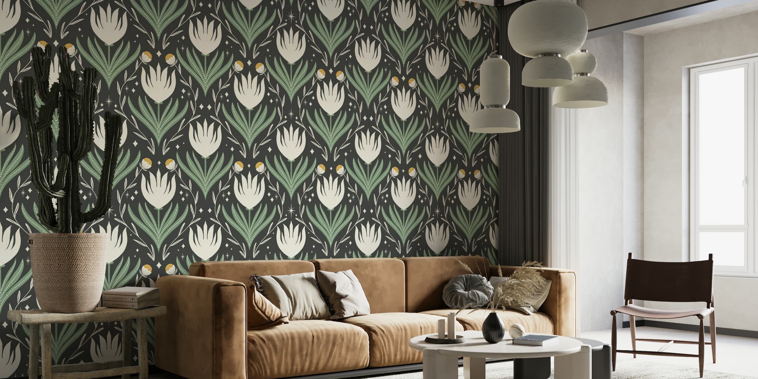 Moody modern floral damask charcoal wallpaper