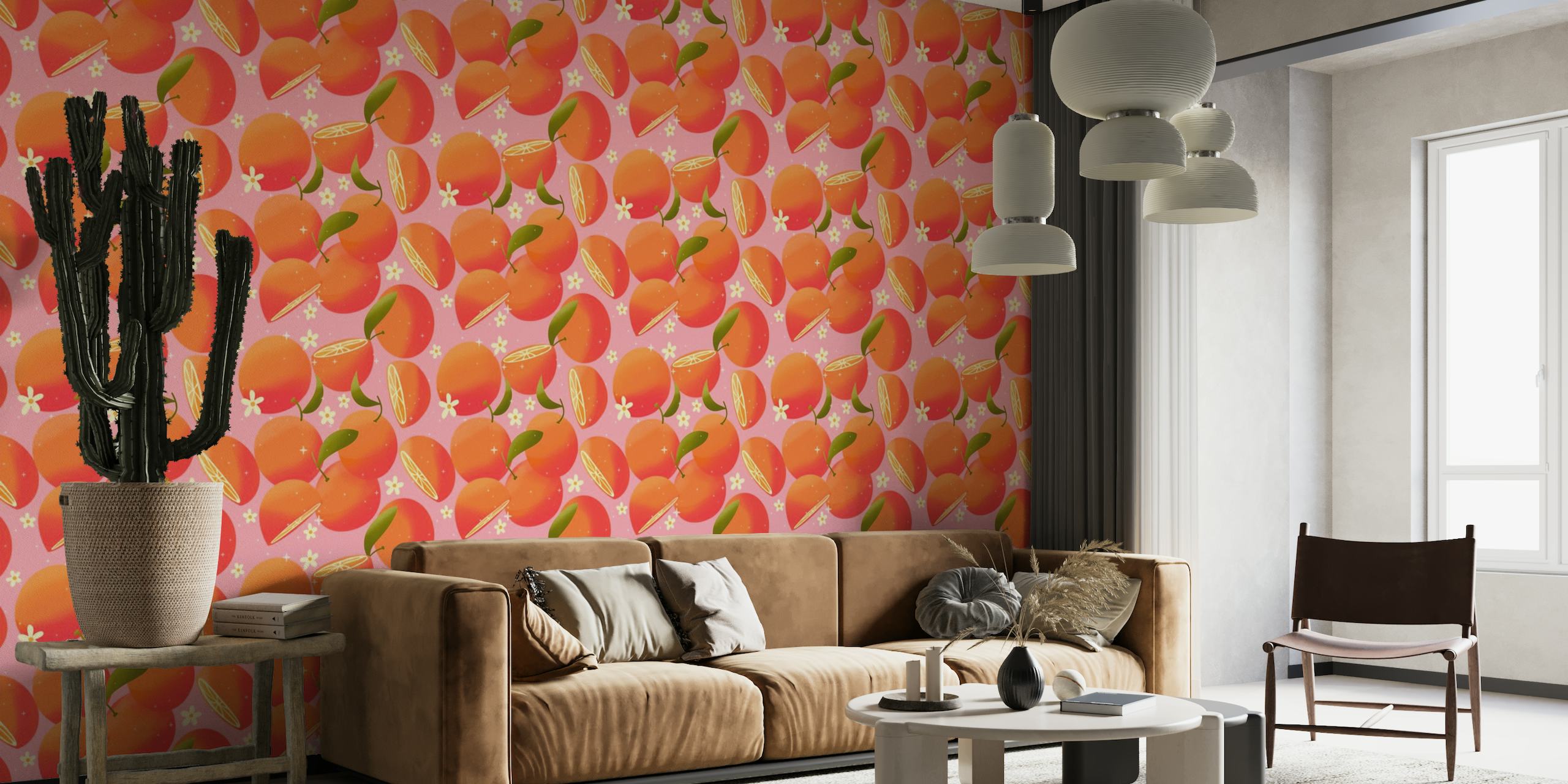 Juicy oranges on pink background with flowers papiers peint