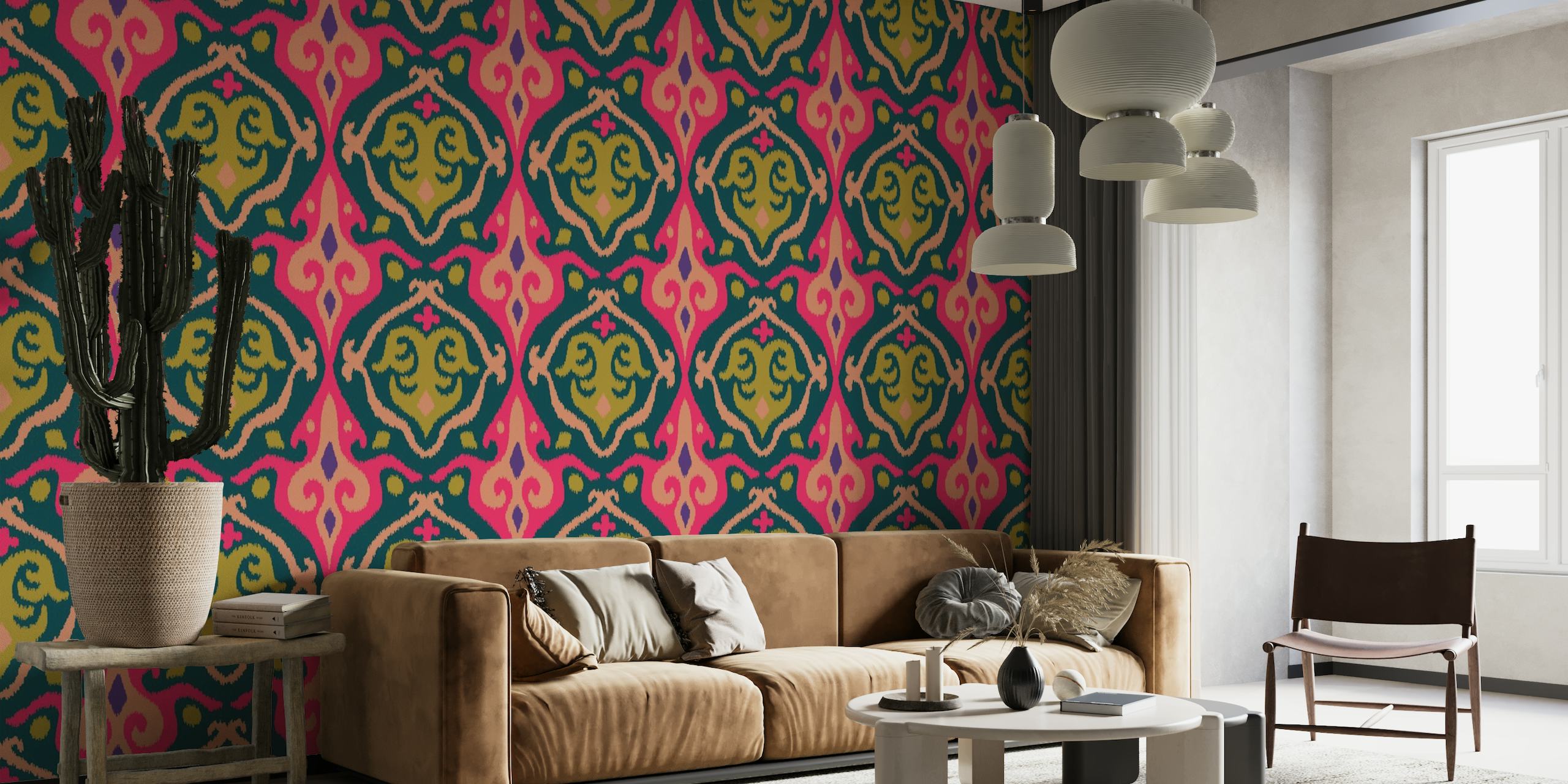 JAVA Boho Ikat Woven Texture Large Pink Green wallpaper