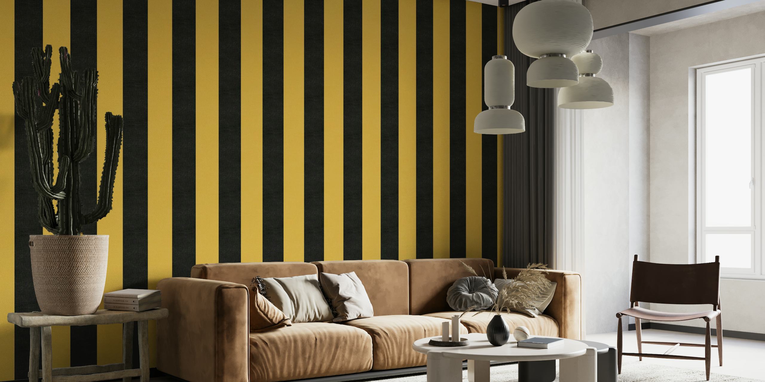 Wide textured stripes - black and yellow papiers peint