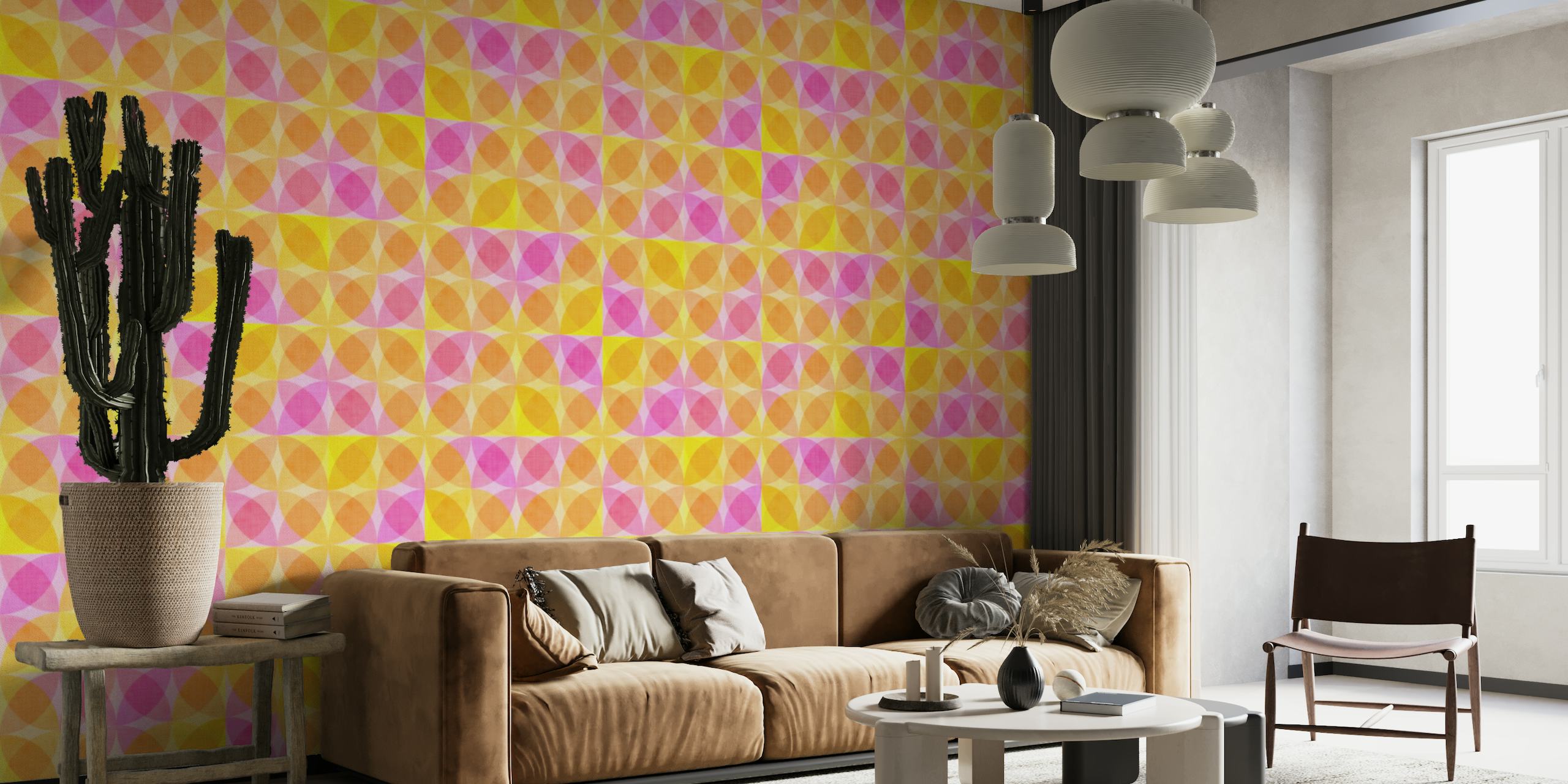 Party Geometric Shapes Pink Orange and Yellow papel de parede