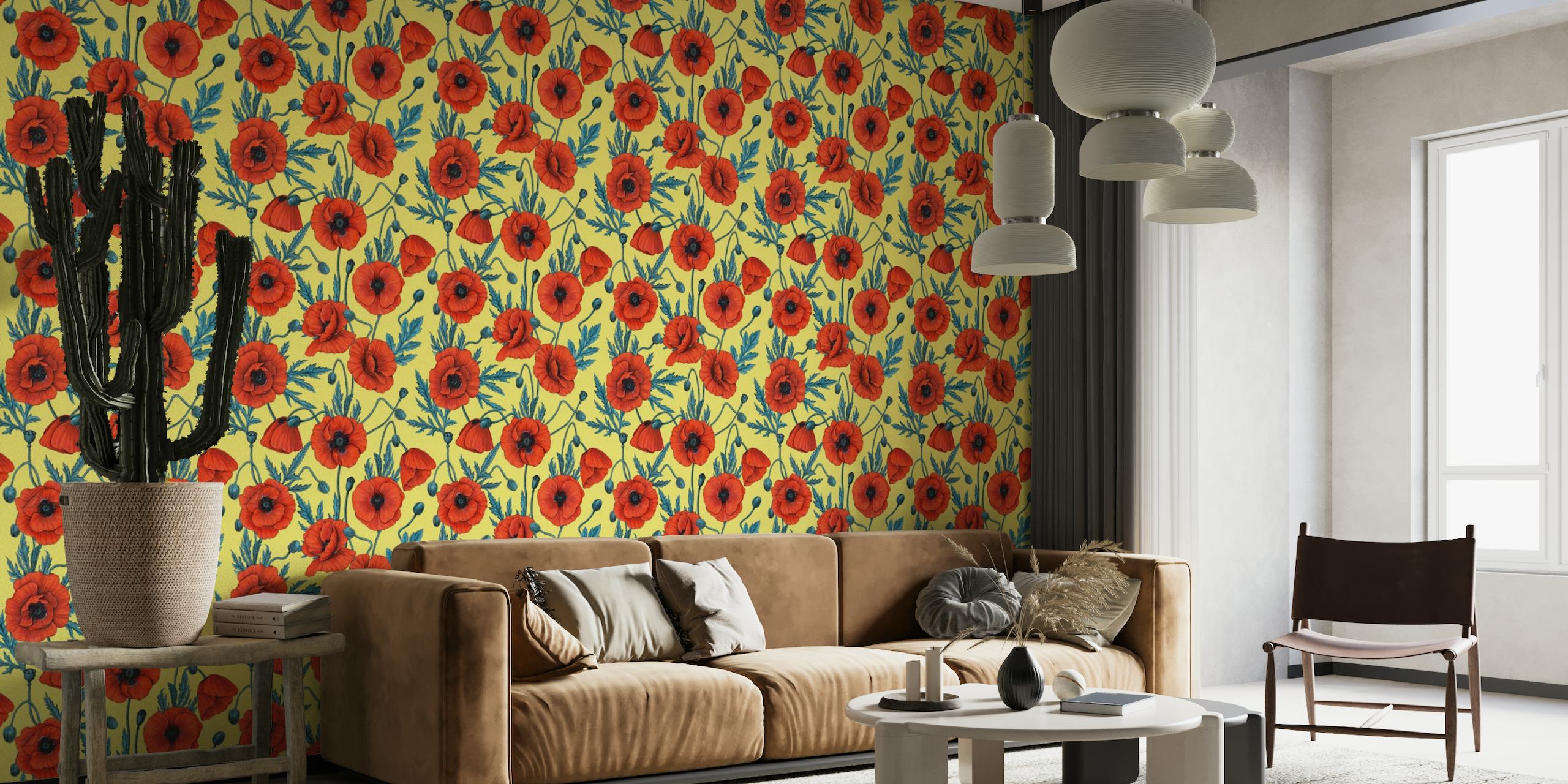 A wall mural with a sunny yellow background and a pattern of red poppies and blue leaves