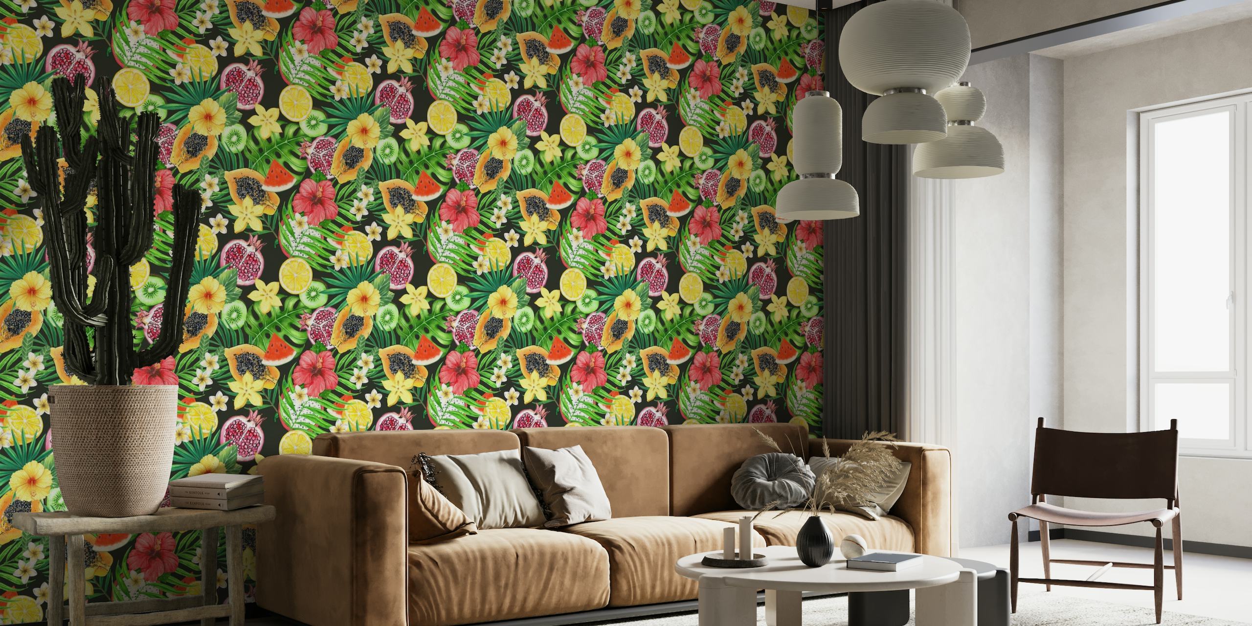 Tropical mix-fruit, flowers and leaves on black wallpaper