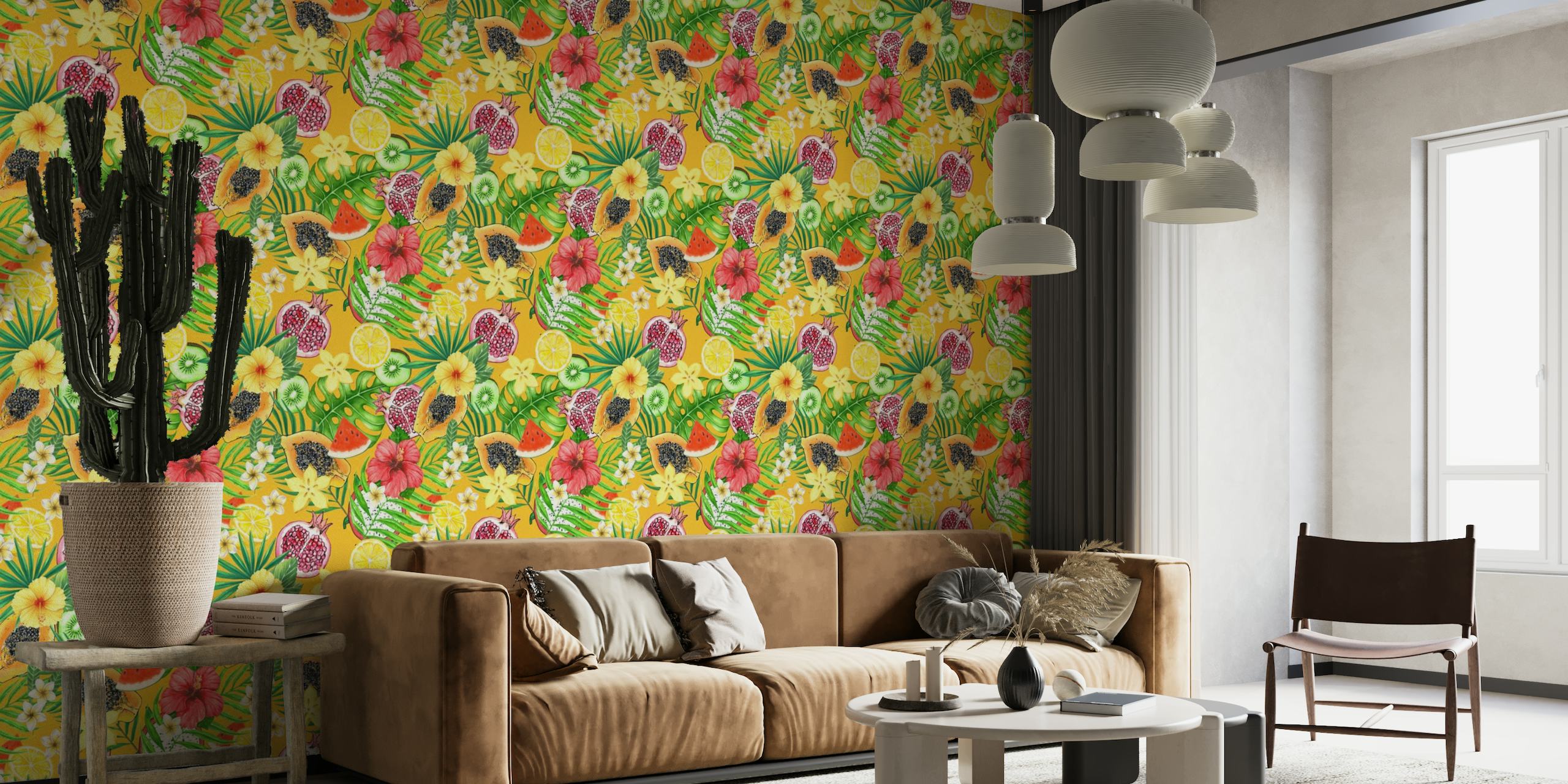 Tropical mix-fruit, flowers and leaves on orange wallpaper