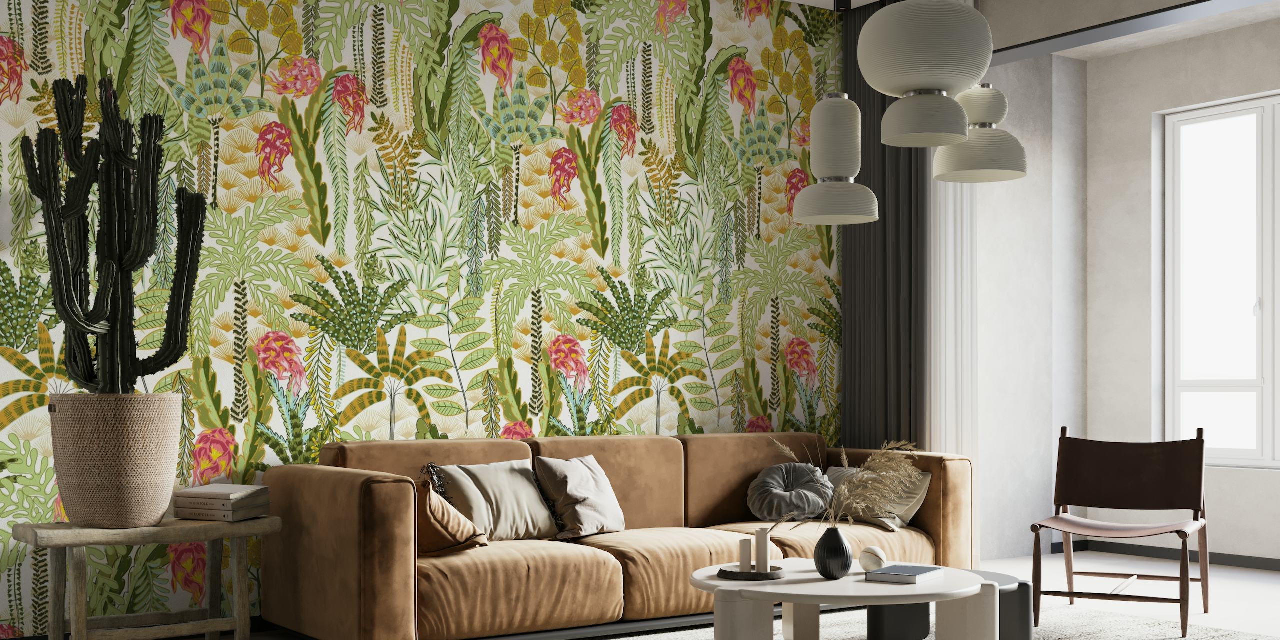 Tropical lounge with dragon fruit light wallpaper