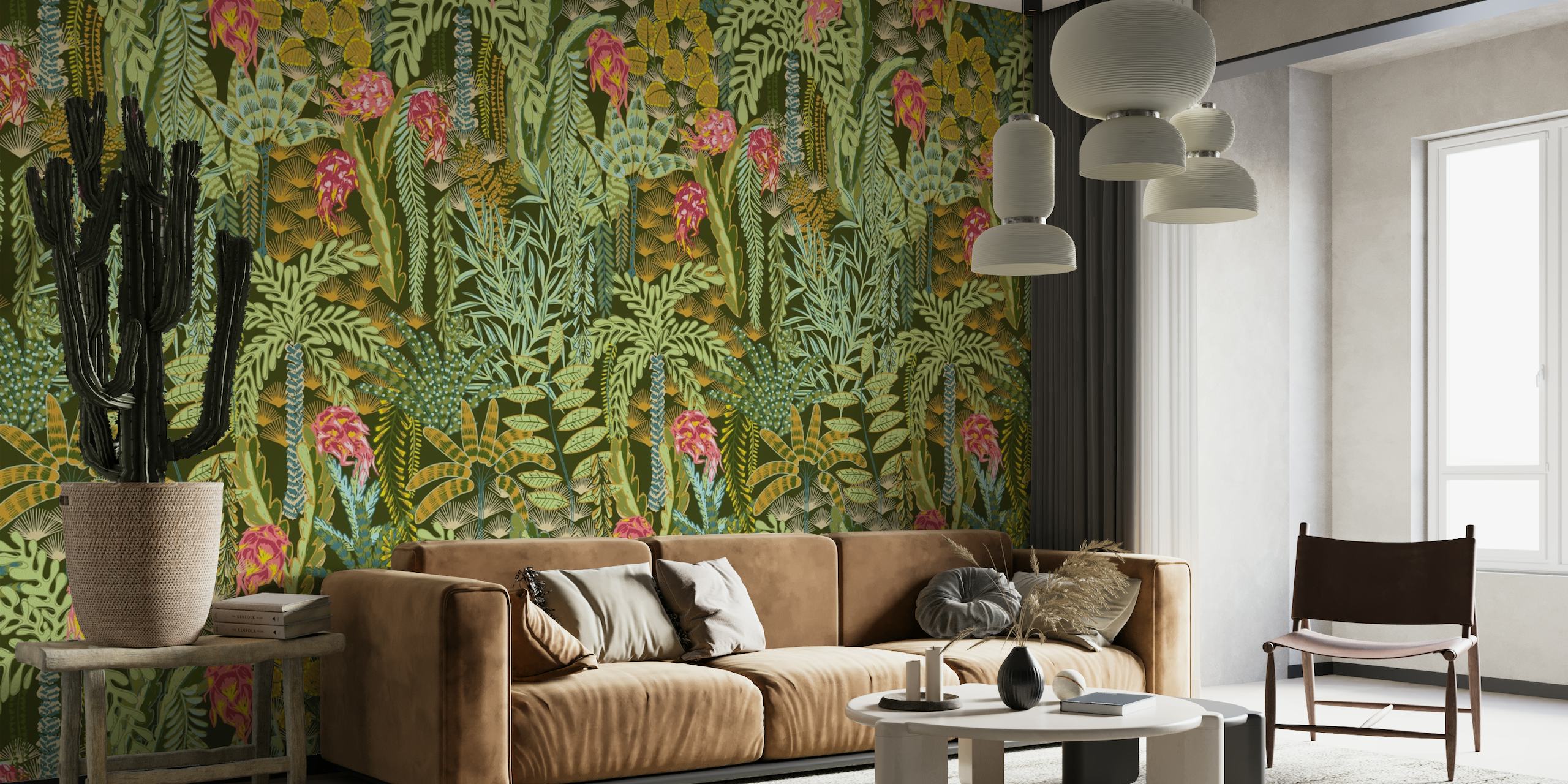 Tropical lounge with dragon fruit emerald wallpaper