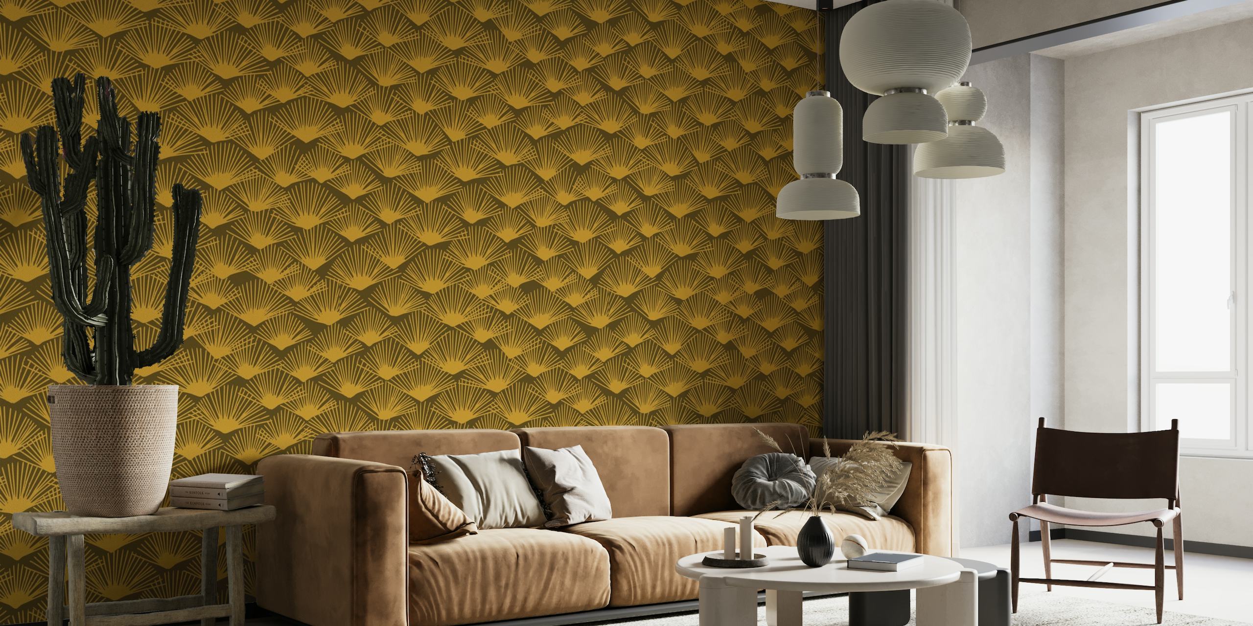 Abstract palm fans dark gold wallpaper