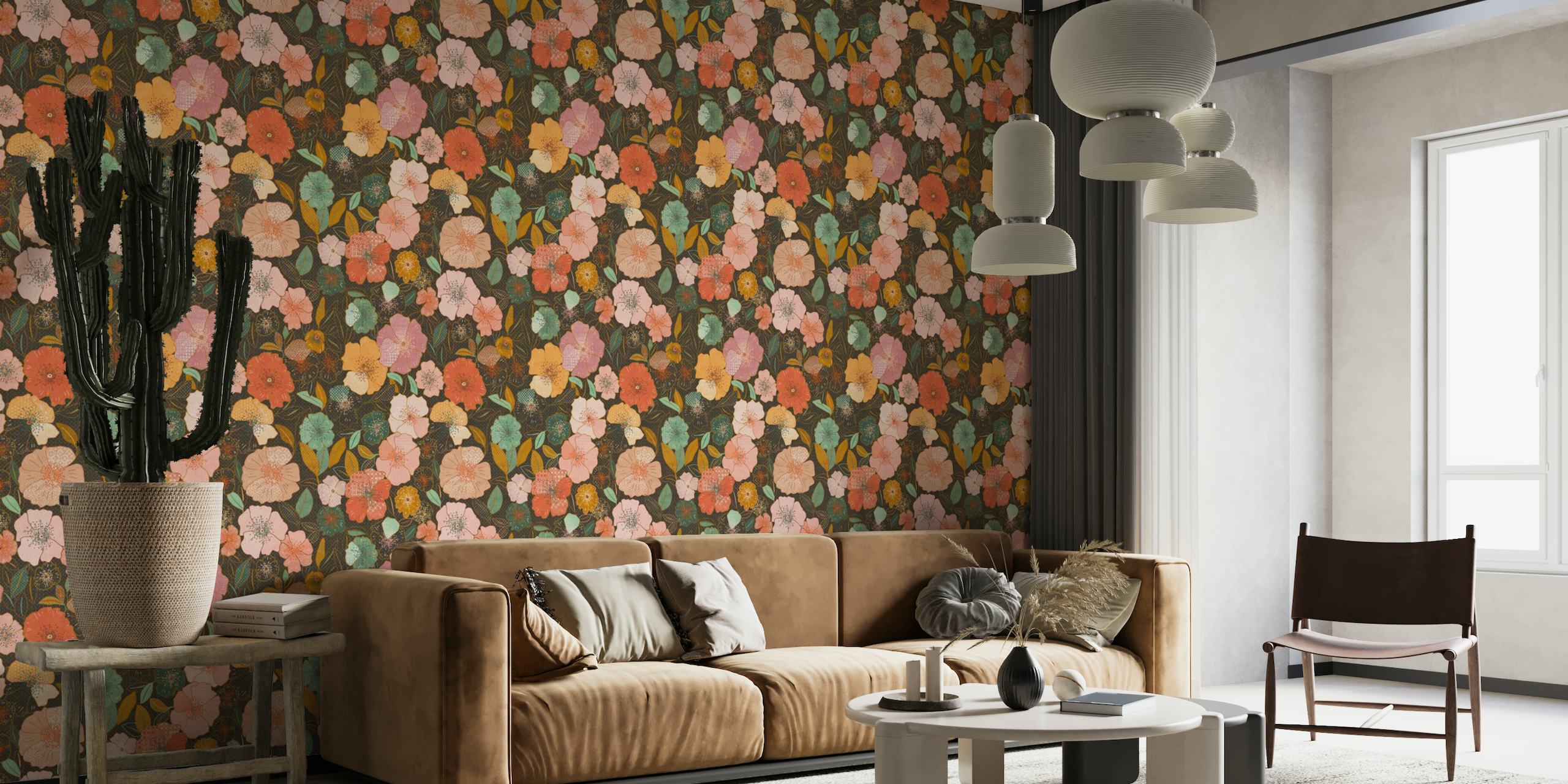 A wall mural featuring a dark brown background with beautifully rendered cross-stitch flowers in pastel colors.