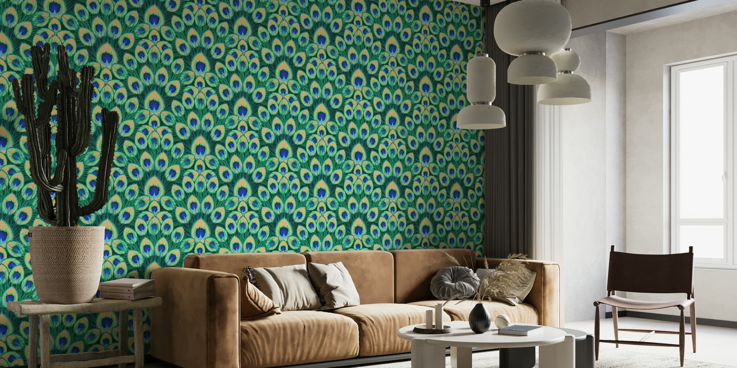Smaragdgroene en saffierblauwe abstracte pauwenveer design muurschildering