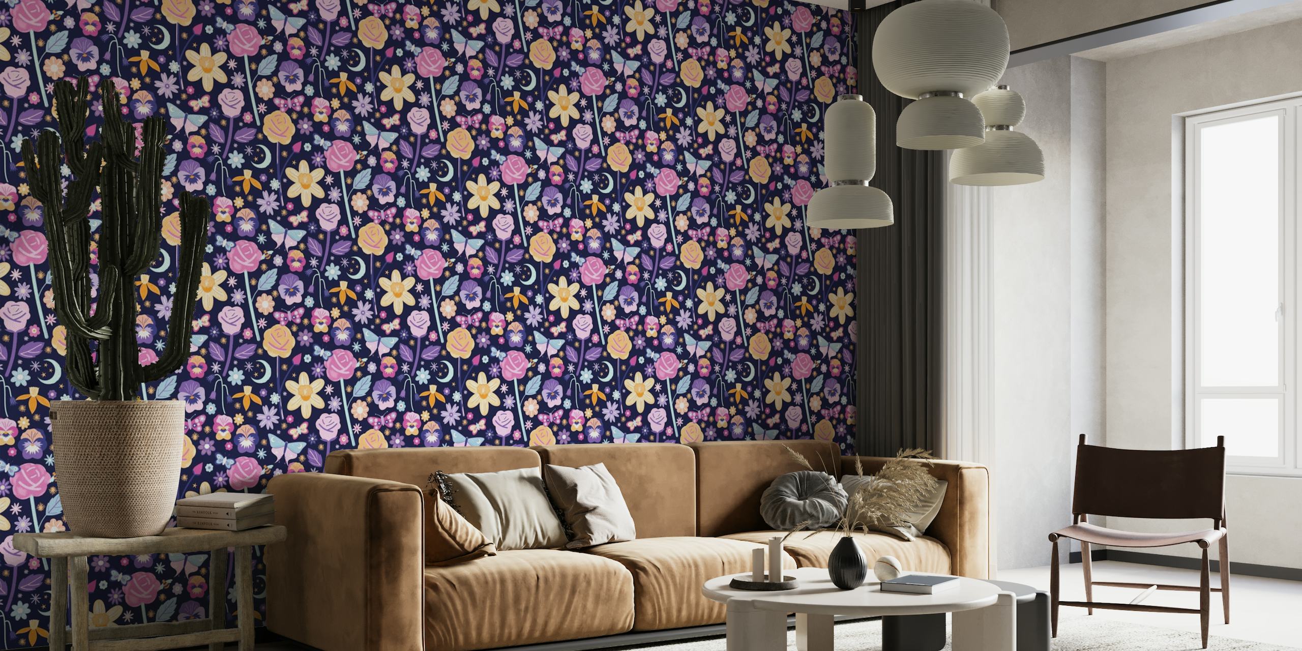 Floral pattern wall mural with roses and butterflies on a moonlit background