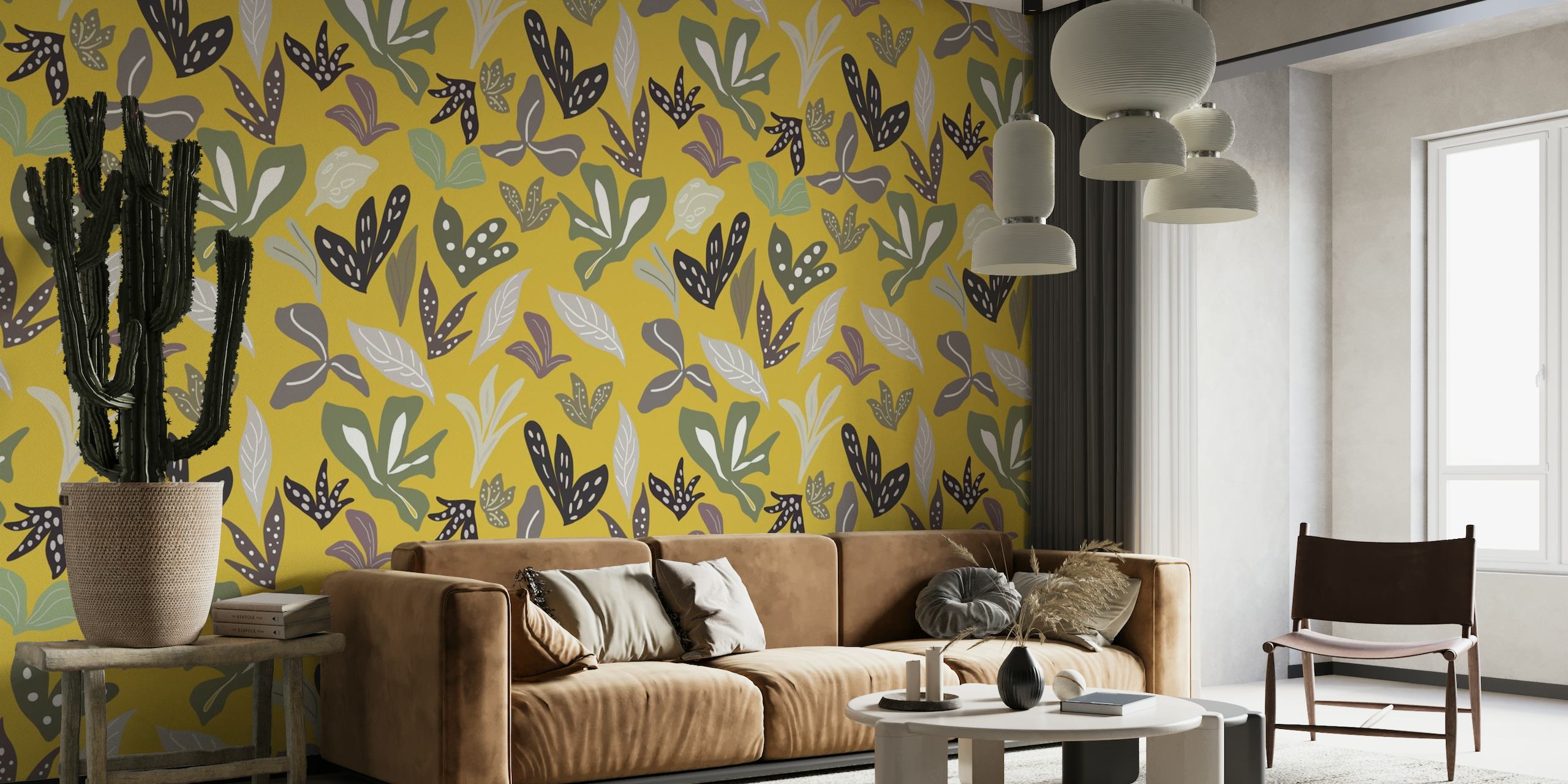 Abstract leaves and botanical elements in greys, purples, and whites on a mustard background.