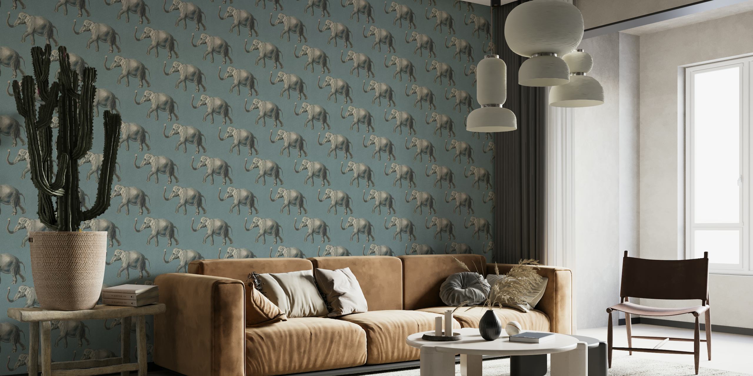 Vintage Elephant Pattern on Blue Linen wallpaper
