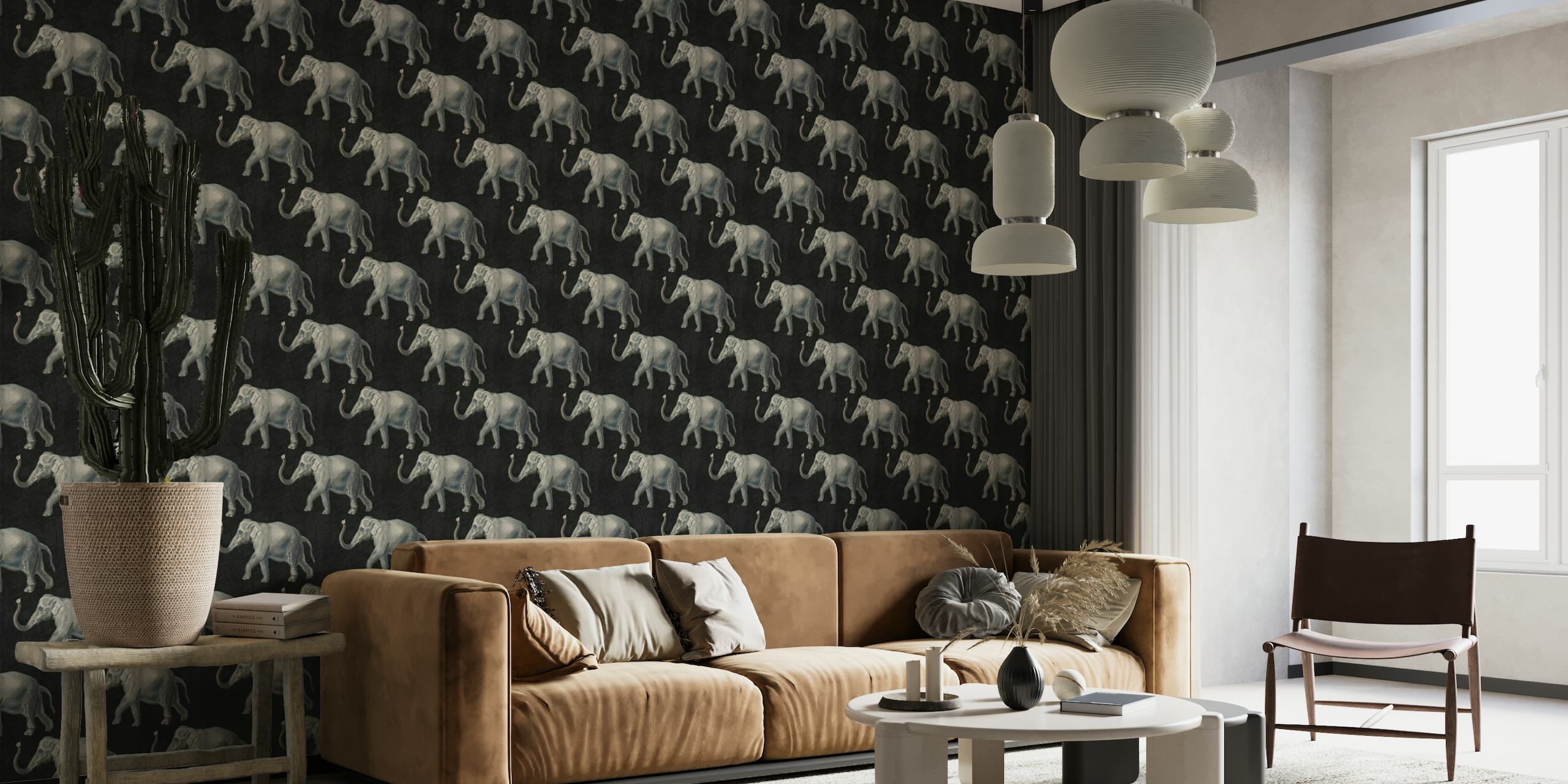 Vintage Elephant Pattern on Black Linen wallpaper