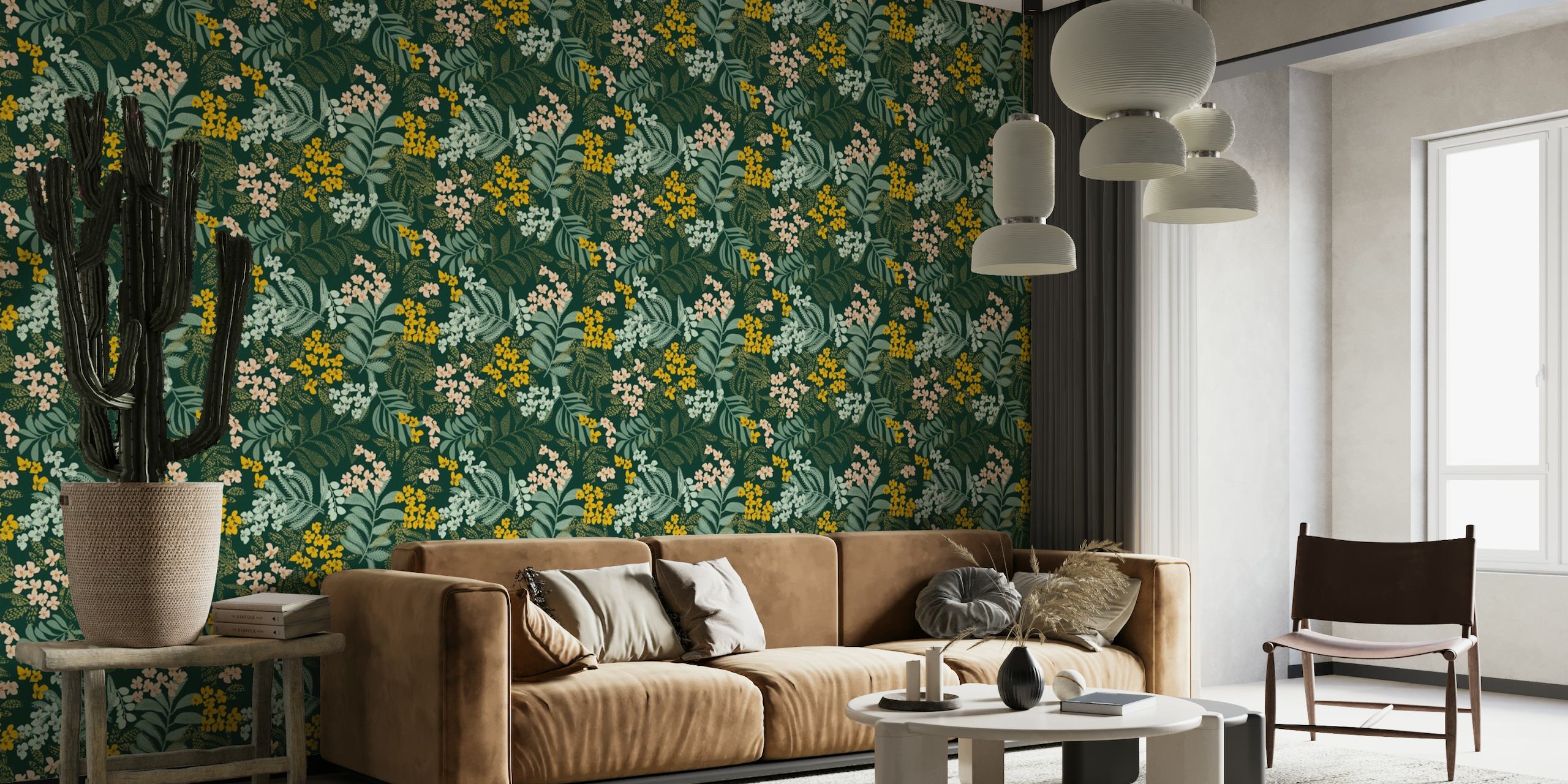 Emerald green wall mural with autumn leaves pattern