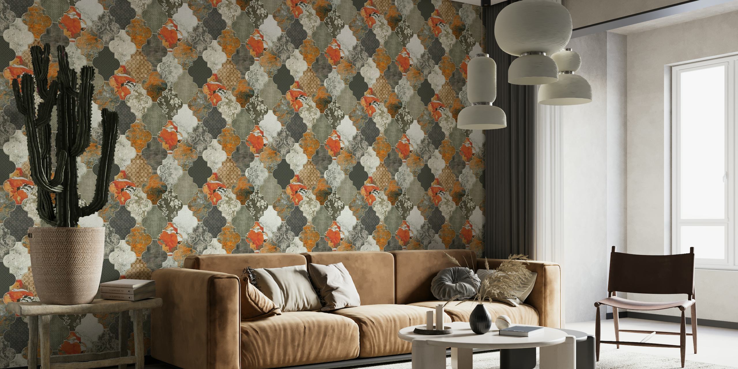 Moroccan Tiles Orange Grey Large papel de parede