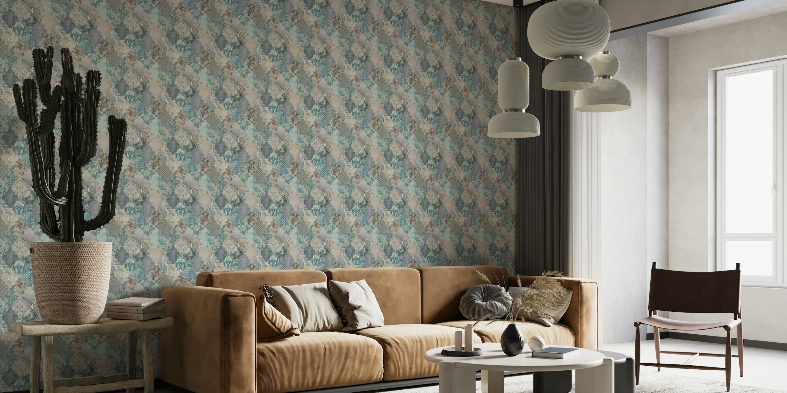 Elegant Moroccan Tile Pattern Wall Mural in Duck Egg Blue and Grey
