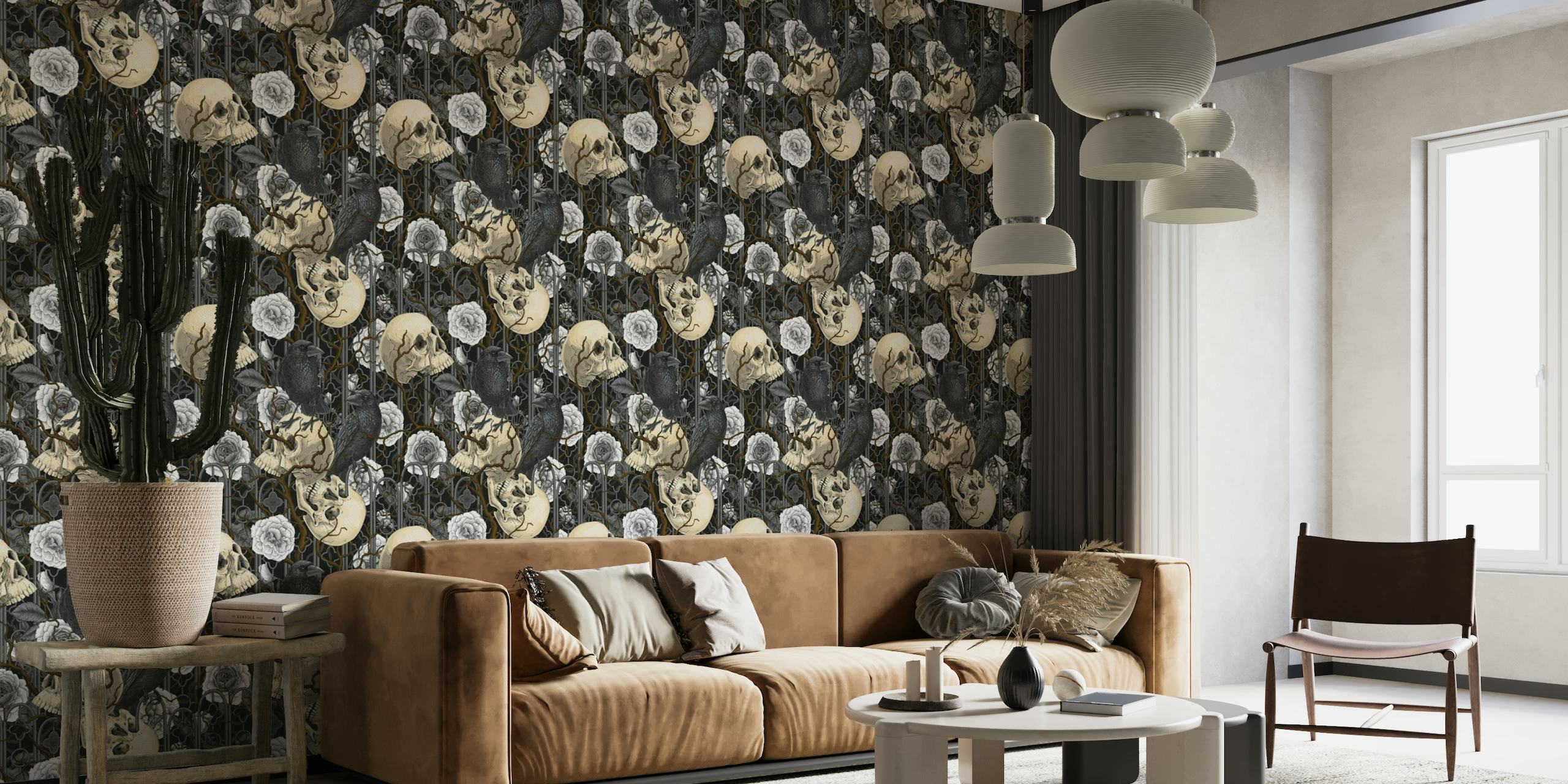 Gothic wall mural with raven, skulls, and white roses on a black background
