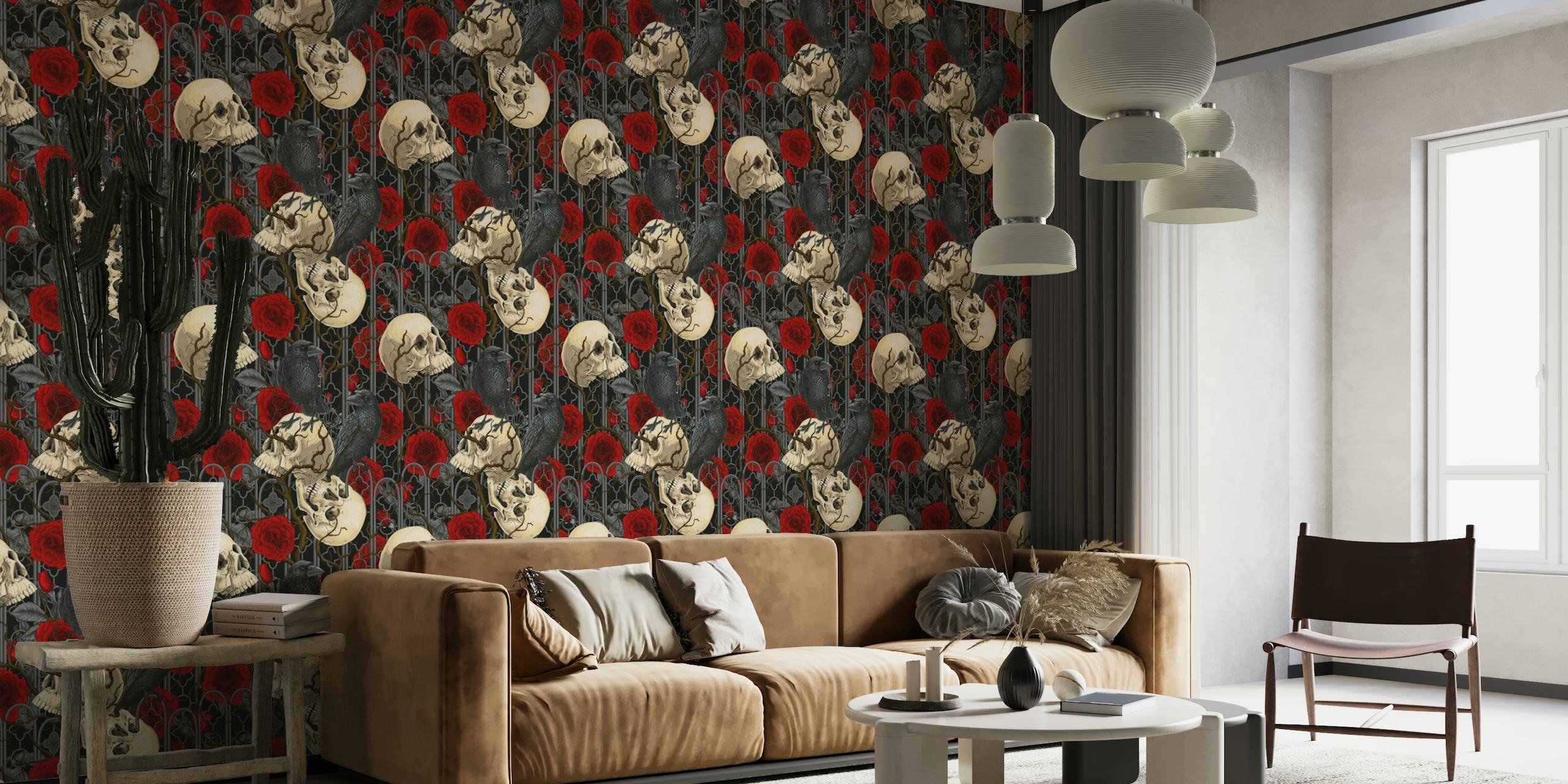 Raven's secret. Dark and moody gothic illustration with human skulls and red roses wallpaper