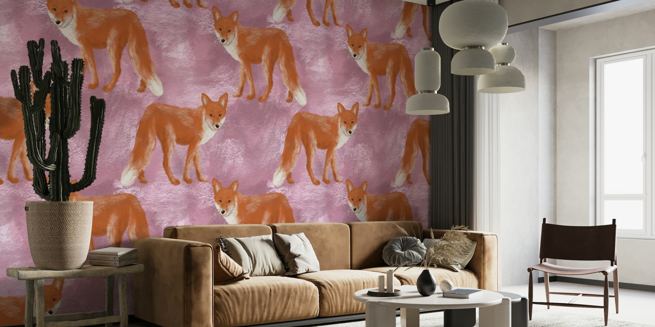 Finurlige ræve på et lyserødt gouache-baggrundsvægmaleri
