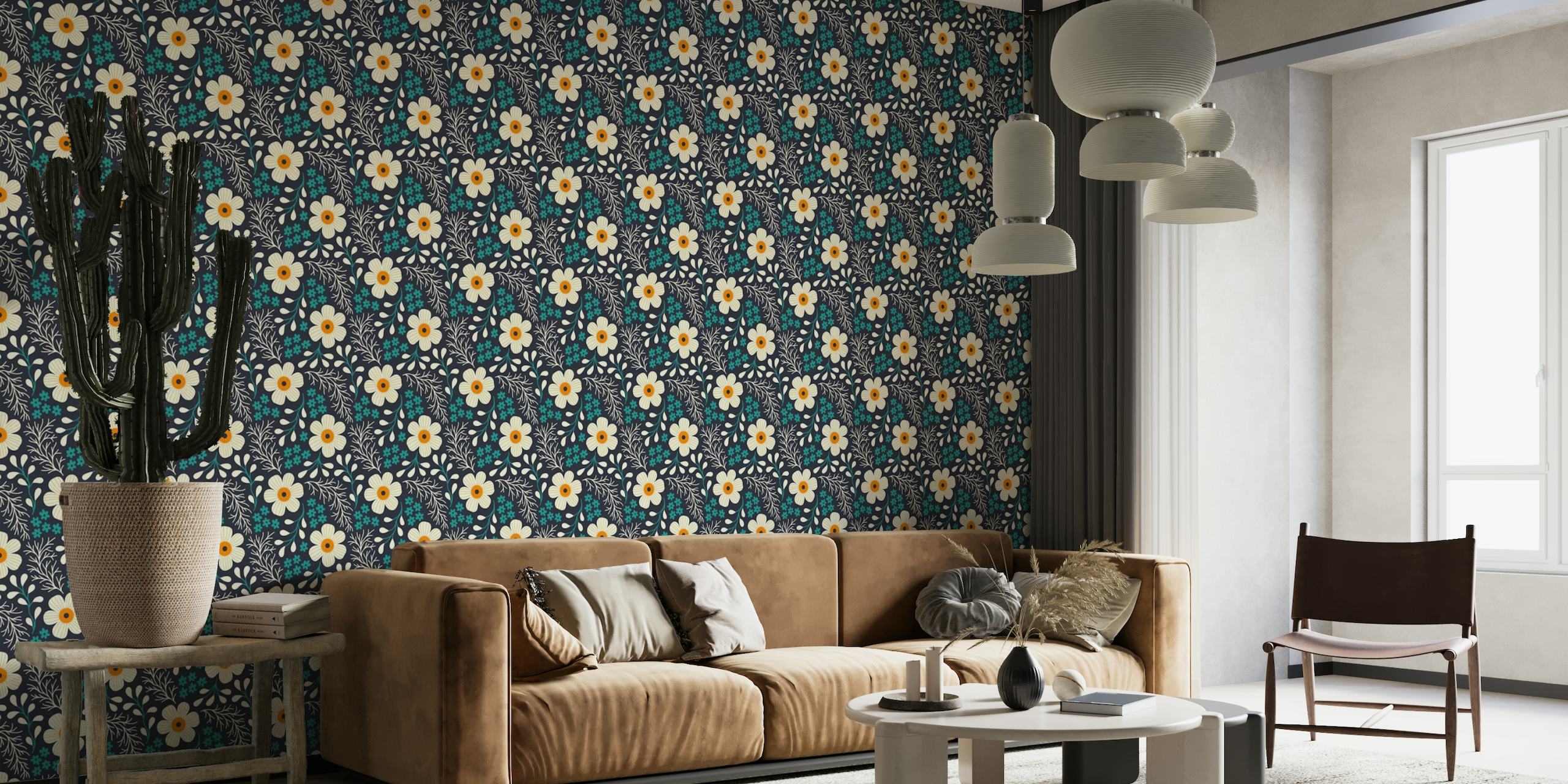 Ditsy floral pattern wall mural with teal, white, and mustard colors