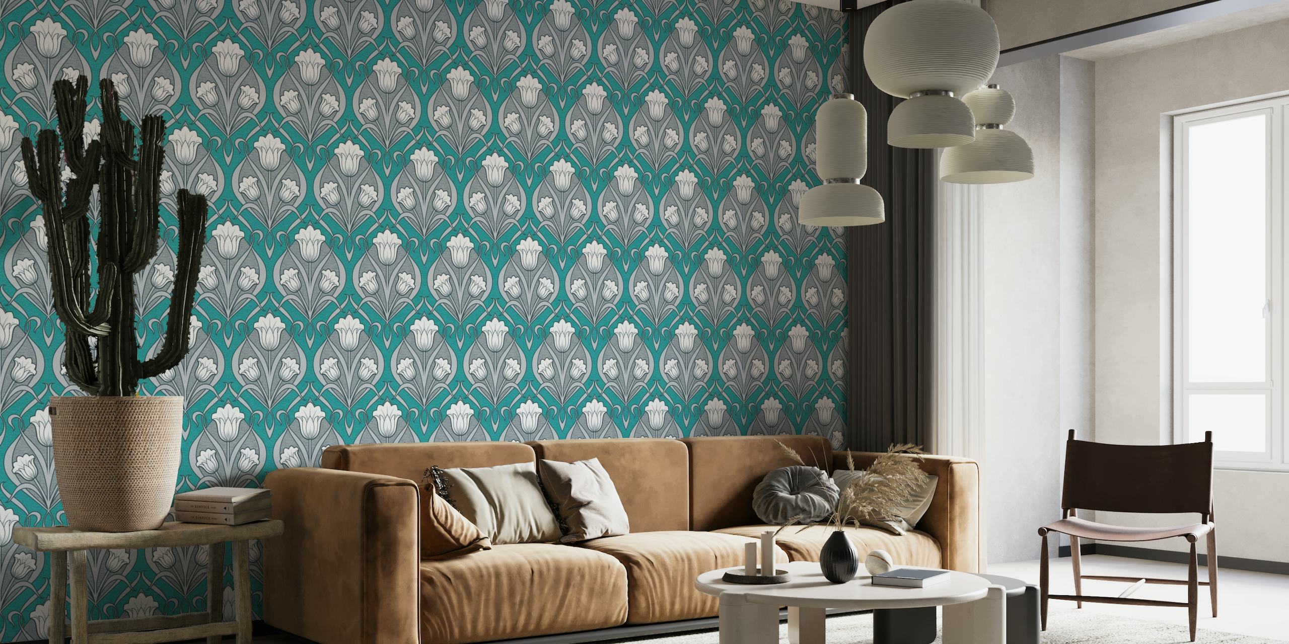 Art Nouveau style tulips in charcoal and dark cyan for wallpaper design