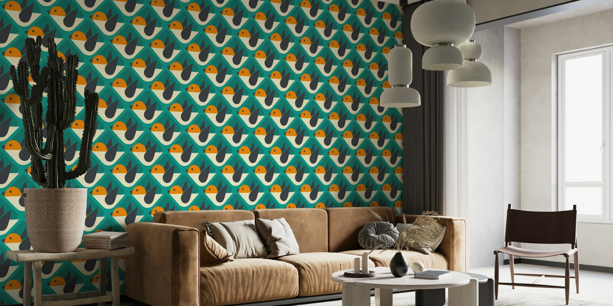 2840 A - geometrical retro birds / teal orange wallpaper
