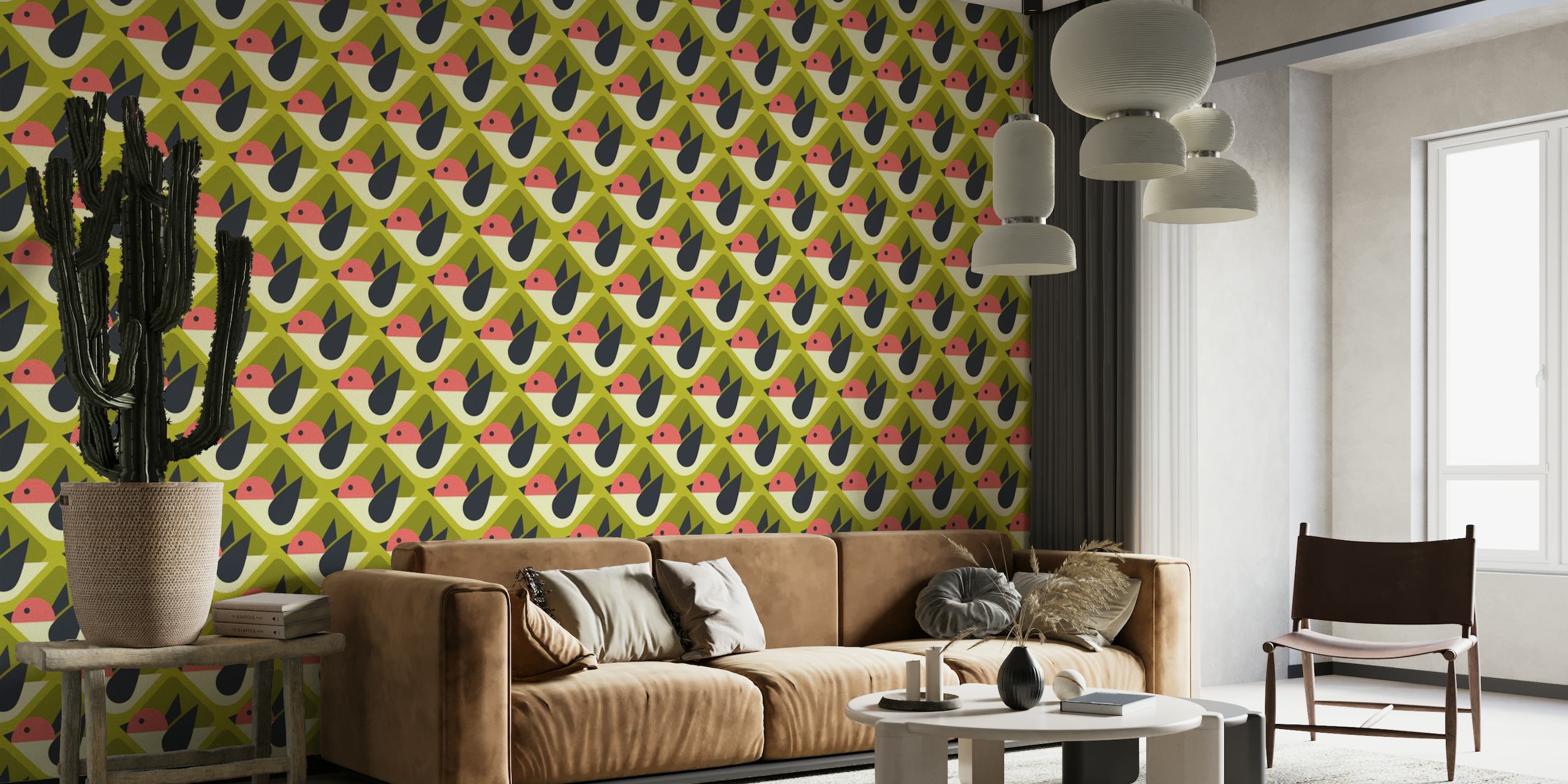 2840 B - geometrical retro birds / green pink wallpaper