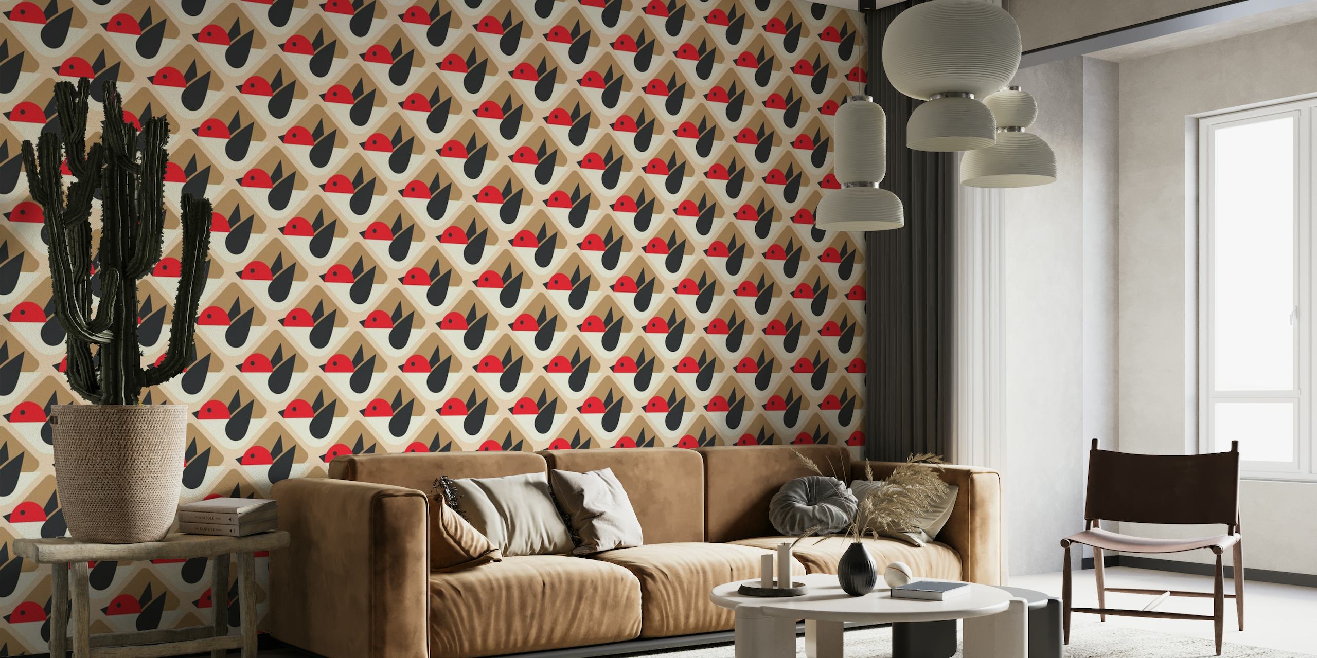 2840 G - geometrical retro birds / brown red wallpaper