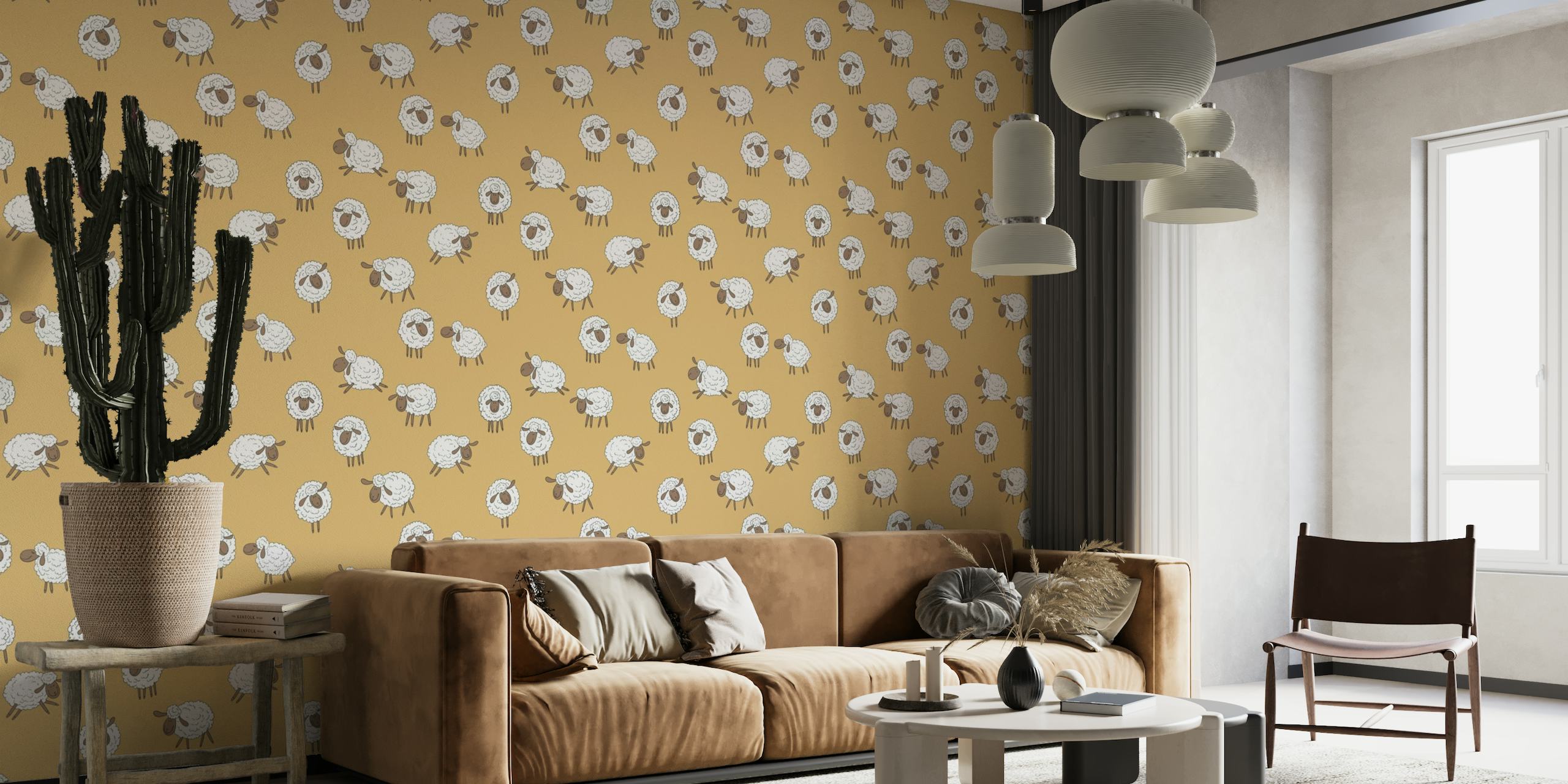 Counting sheep on onney yellow wallpaper